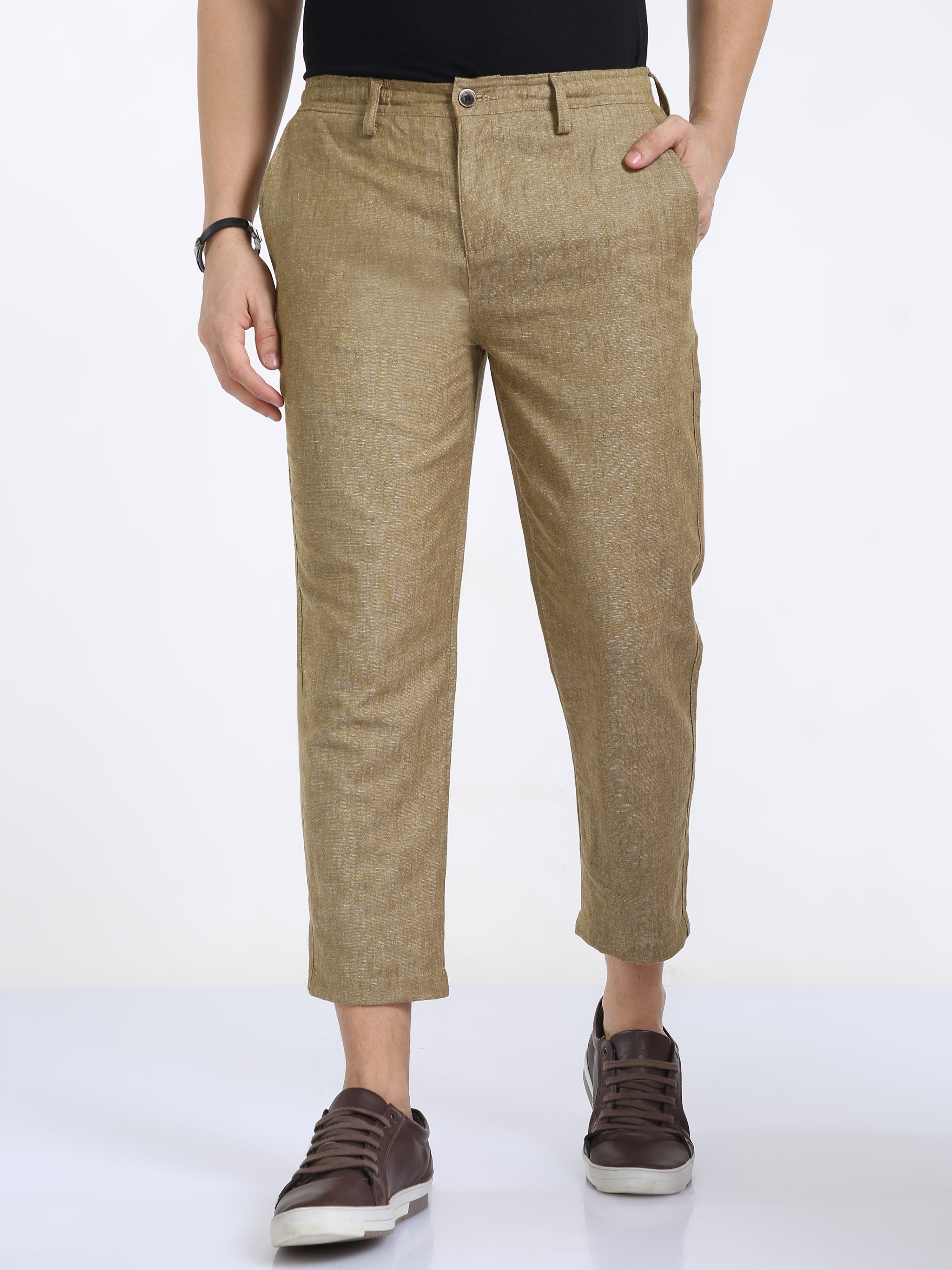 Classic Polo Mens Ankle Fit Solid Khakhi Melange Color Trousers | To2-29 B-Brn-Al-Ly