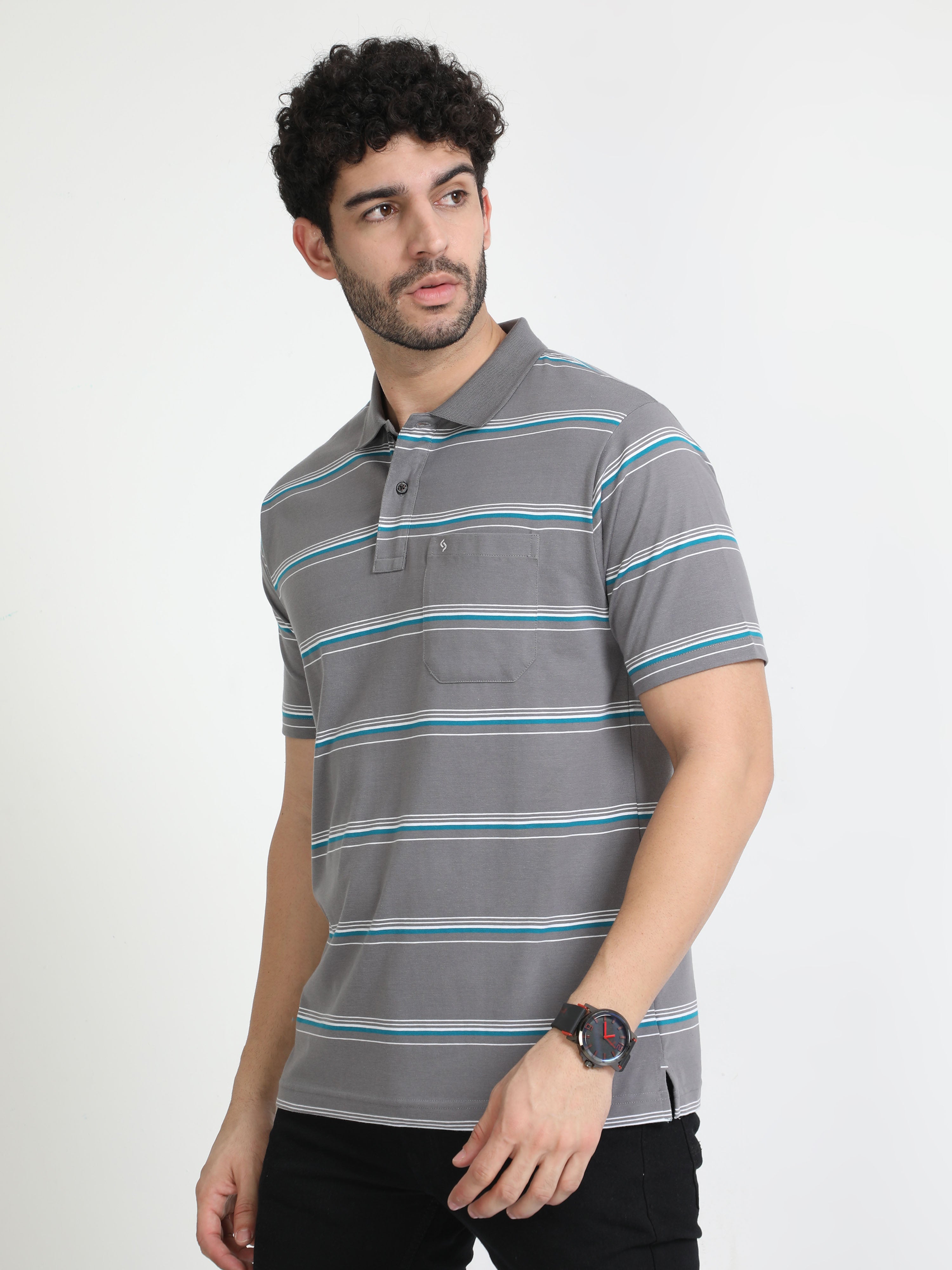 Classic Polo Mens Cotton Half Sleeves Striped Authentic Fit Polo Neck Ash Color T-Shirt | Avon - 538 B Af P