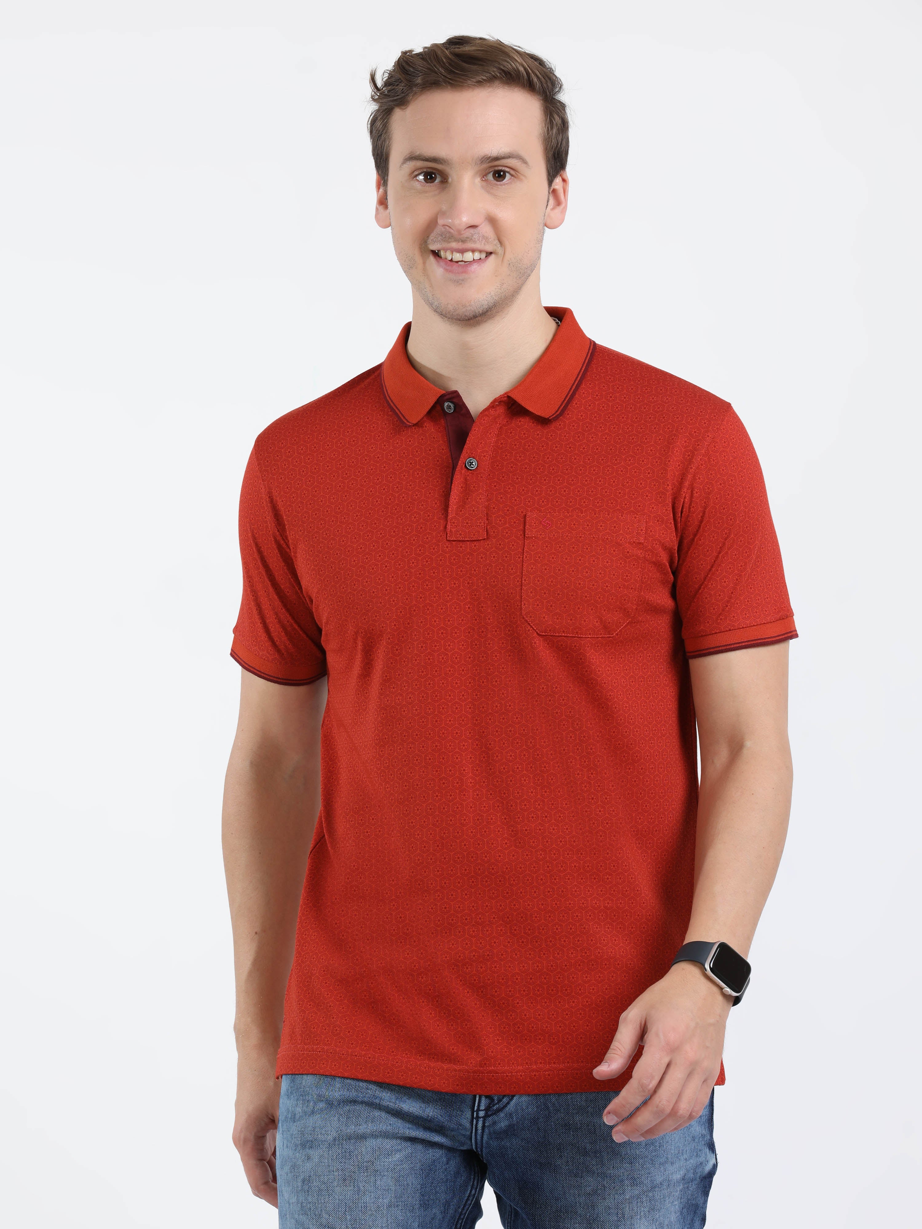 Classic Polo Mens Cotton Half Sleeves Floral Slim Fit Polo Neck Red Color T-Shirt | Bello - 225 A Sf P