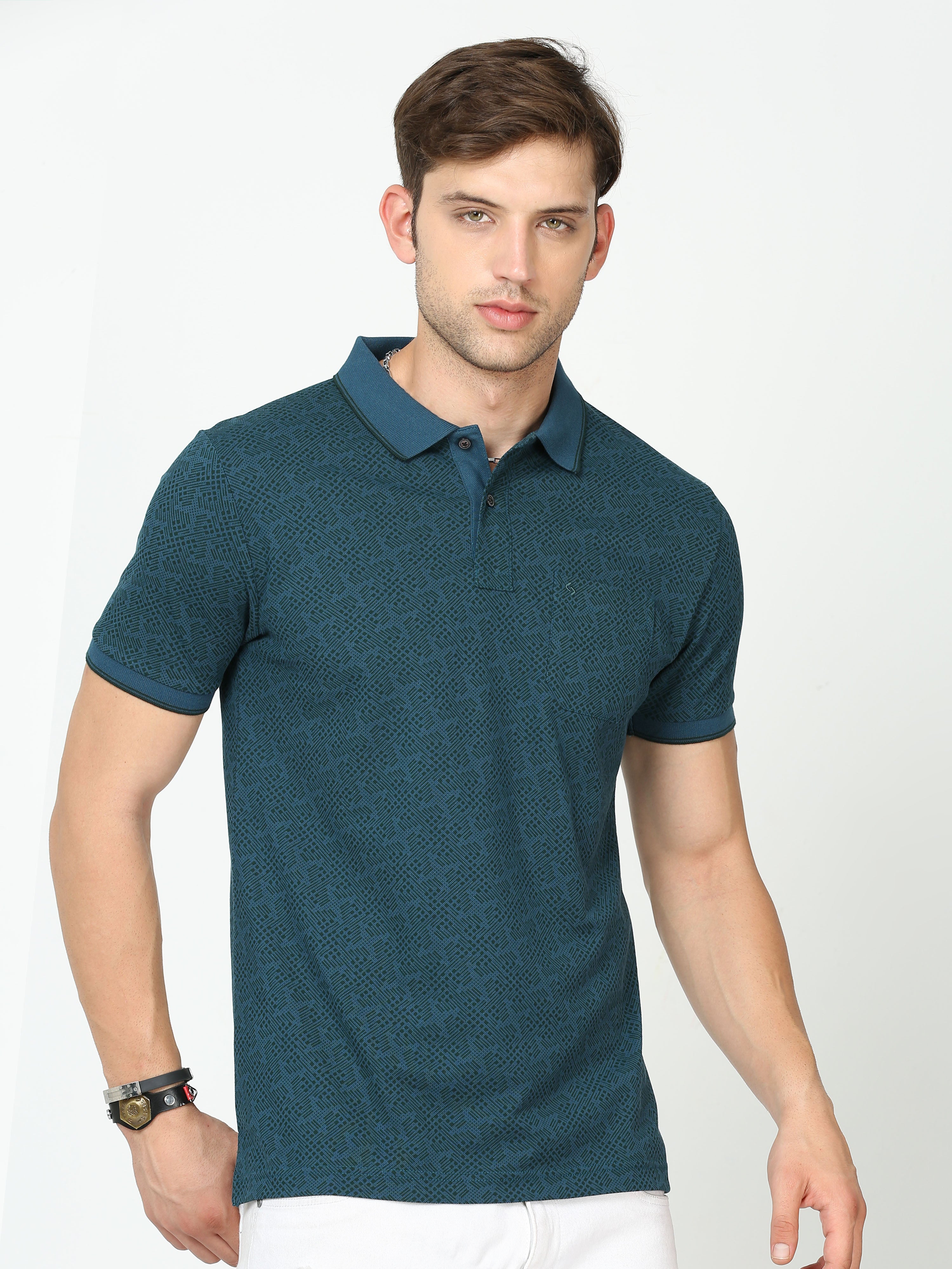 Classic Polo Mens Cotton Half Sleeves Floral Slim Fit Polo Neck Blue Color T-Shirt | Beau - 222 B Sf P