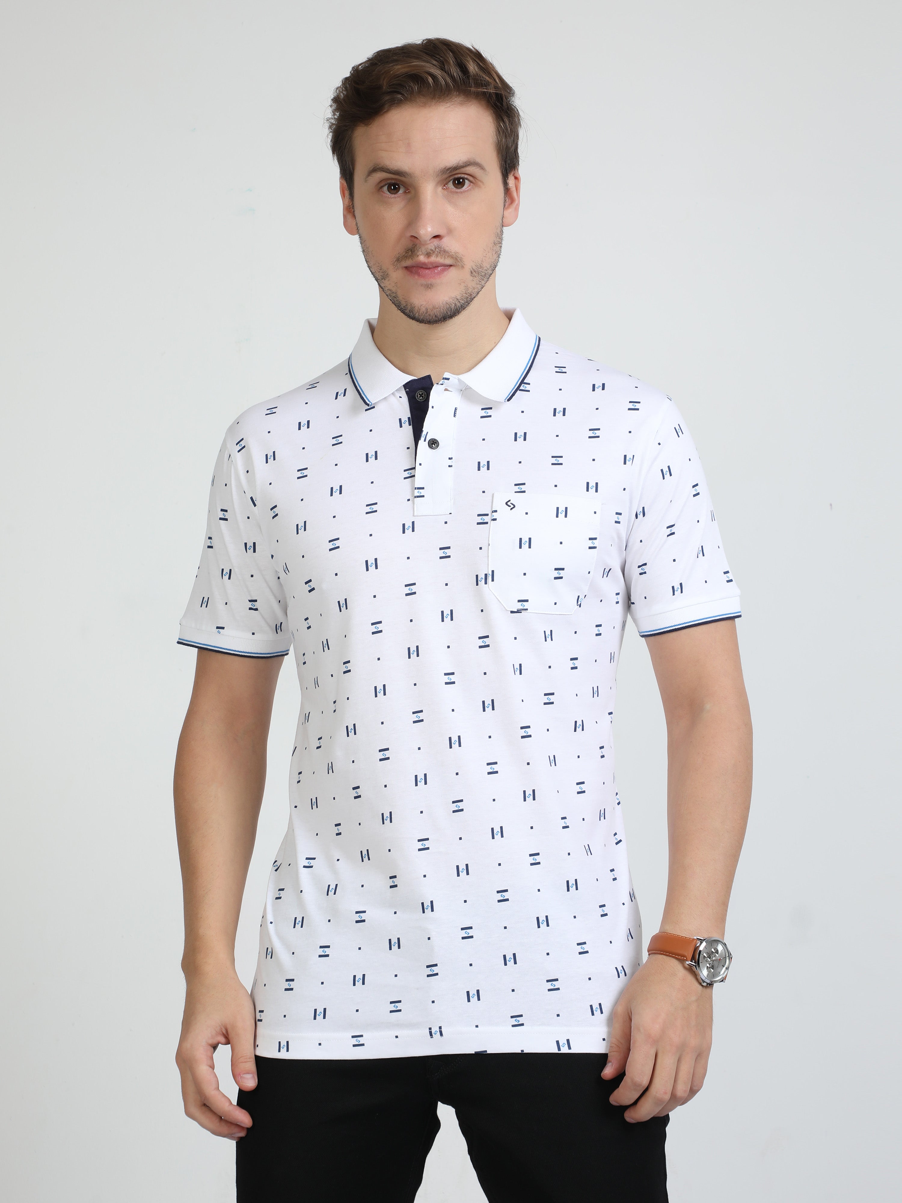 Classic Polo Mens Pure Cotton Half Sleeves Printed Slim Fit Polo Neck White Color T-Shirt | Bello - 218 A Sf P