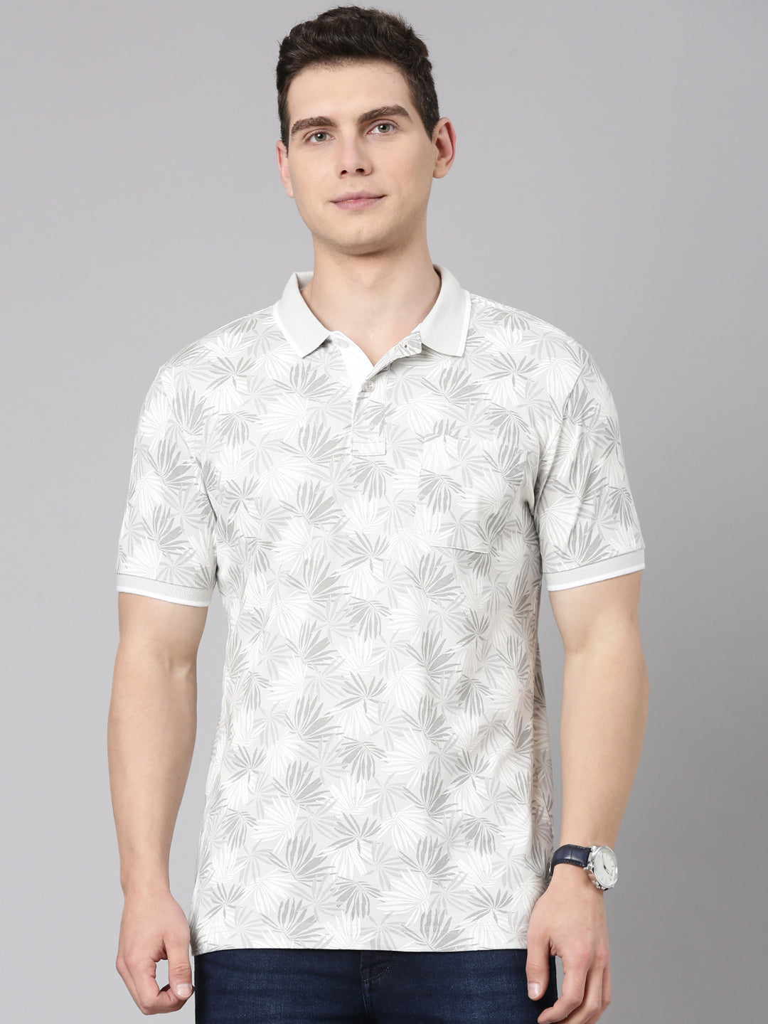 Classic Polo Men's Half Sleeve Grey/White Polo Neck Slim Fit All Over Print Cotton T-Shirt | BEAU - 284 A SF P