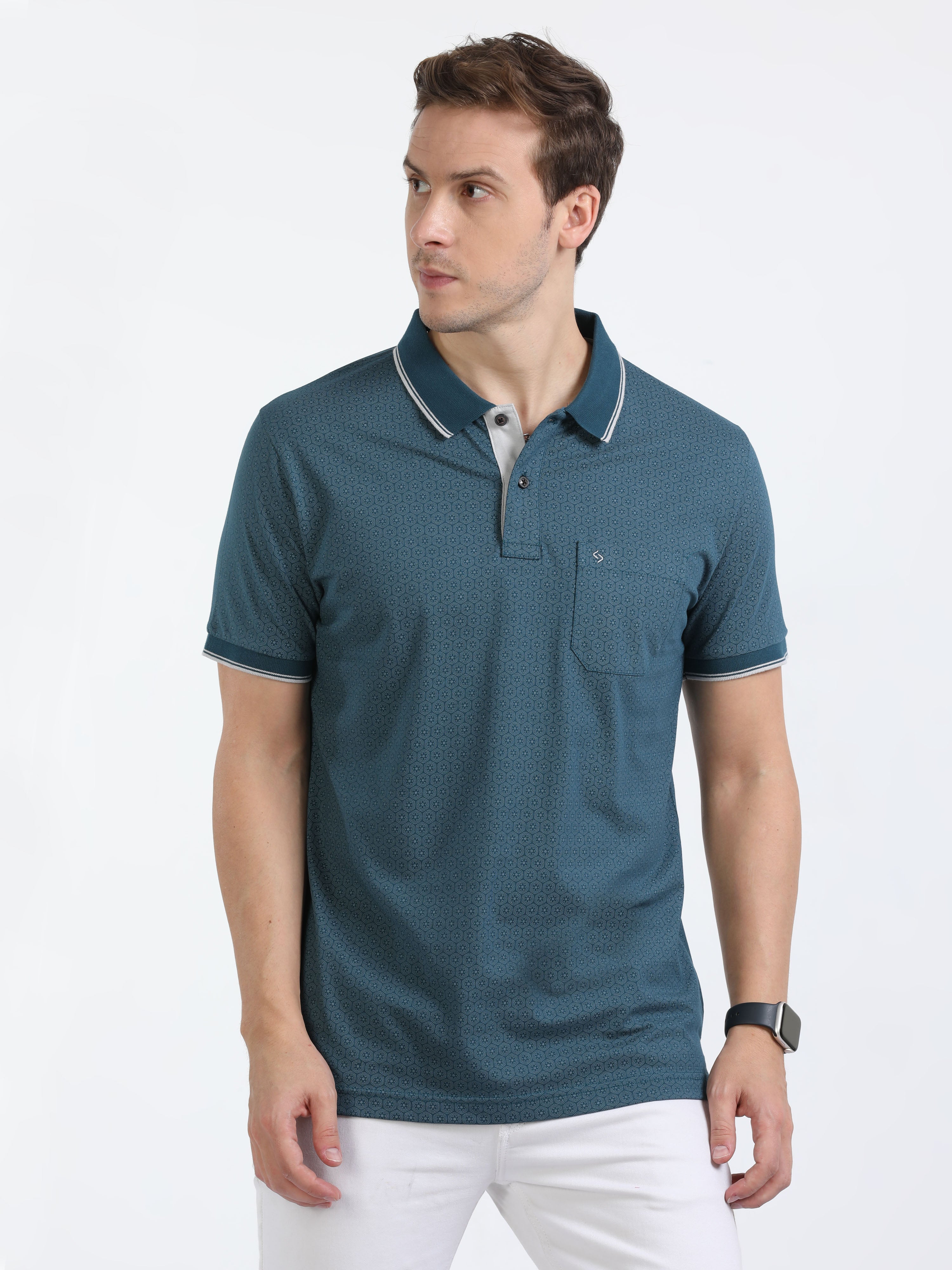 Classic Polo Mens Cotton Half Sleeves Floral Slim Fit Polo Neck Blue Color T-Shirt | Bello - 225 B Sf P