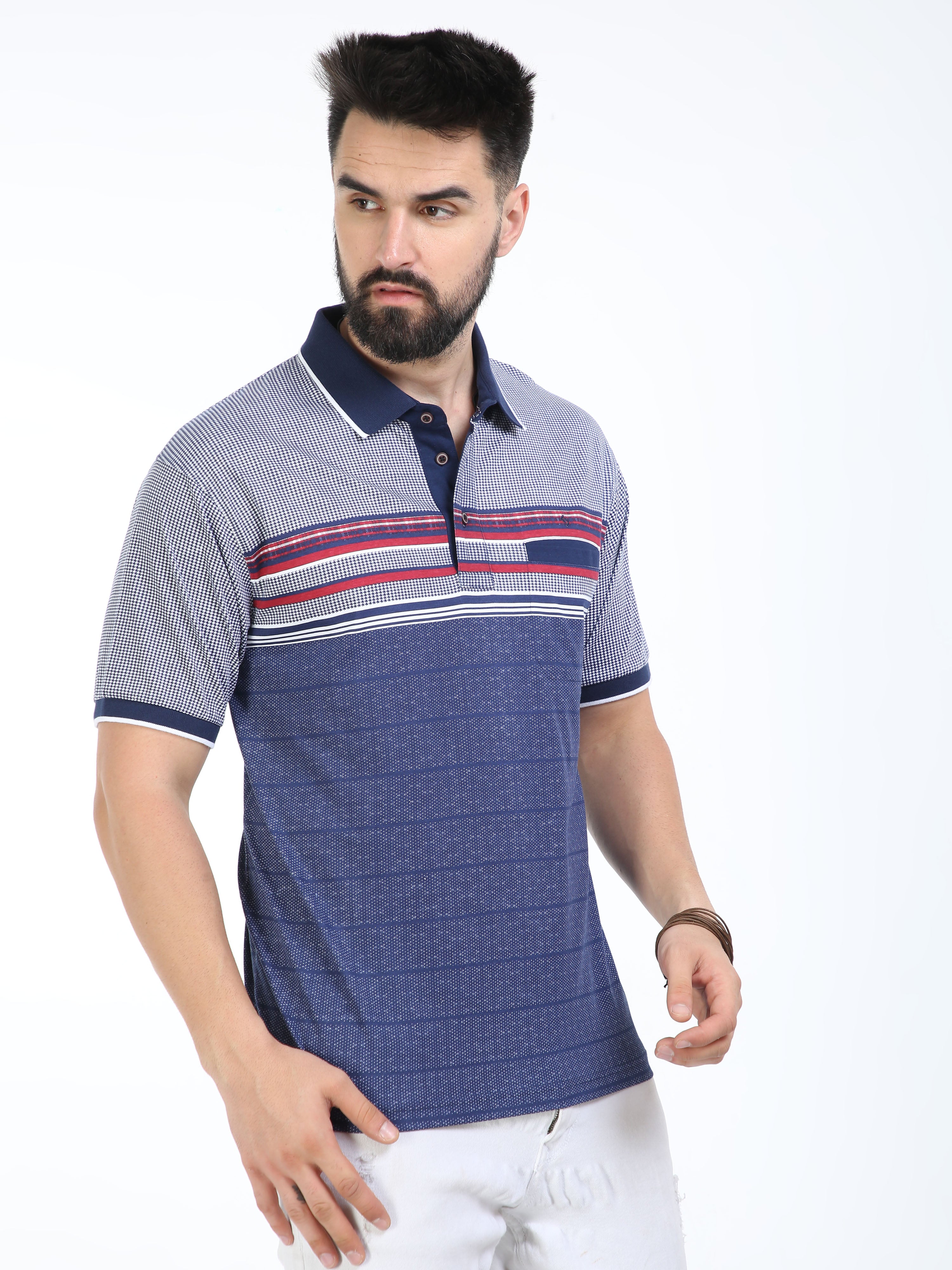 Classic Polo Mens Pure Cotton Half Sleeves Striped Authentic Fit Polo Neck Navy Blue Color T-Shirt | Carve Polo - 21 A Af P