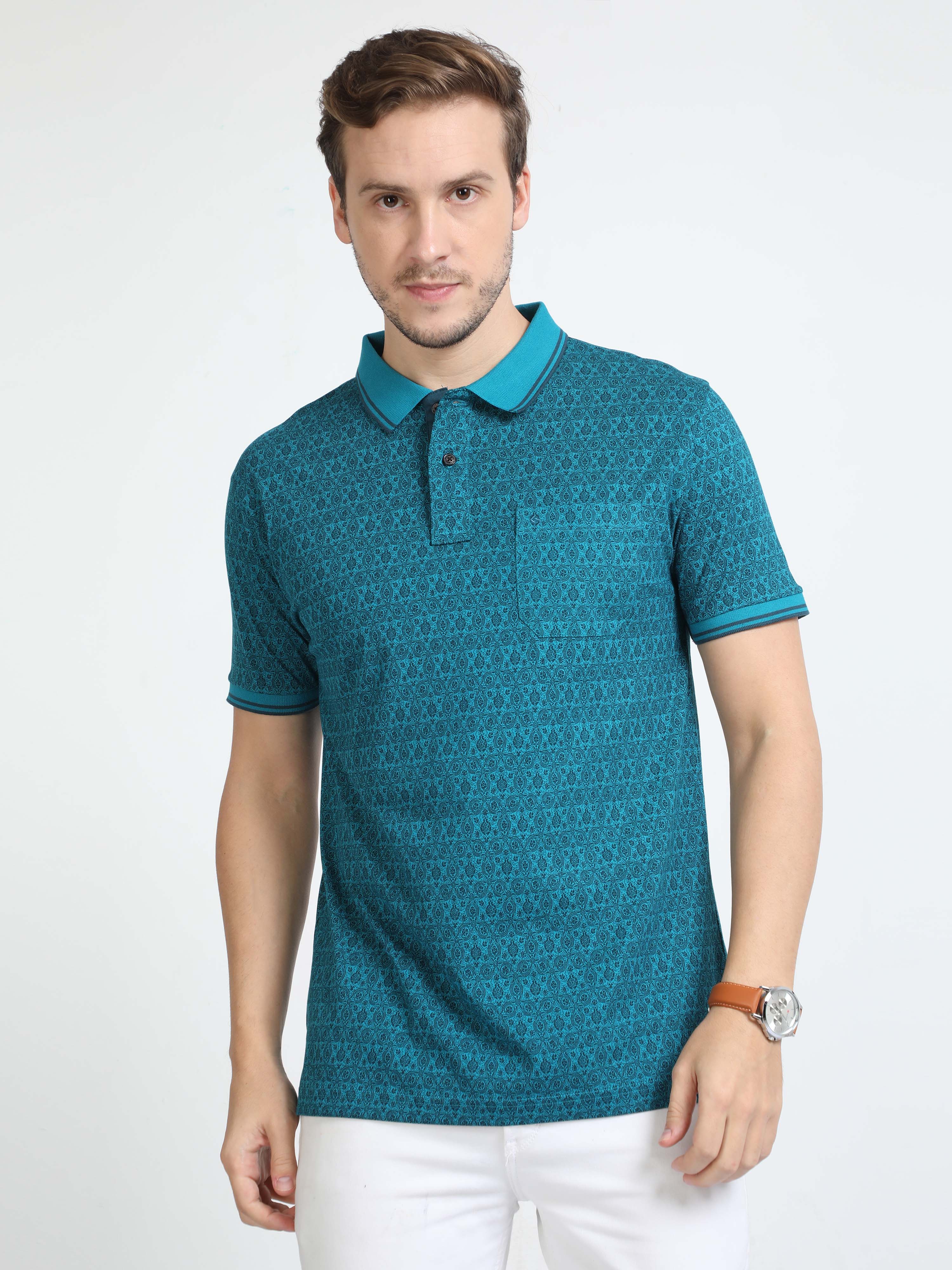 Classic Polo Mens Cotton Half Sleeves Floral Slim Fit Polo Neck Turqoise Color T-Shirt | Bello - 229 A Sf P