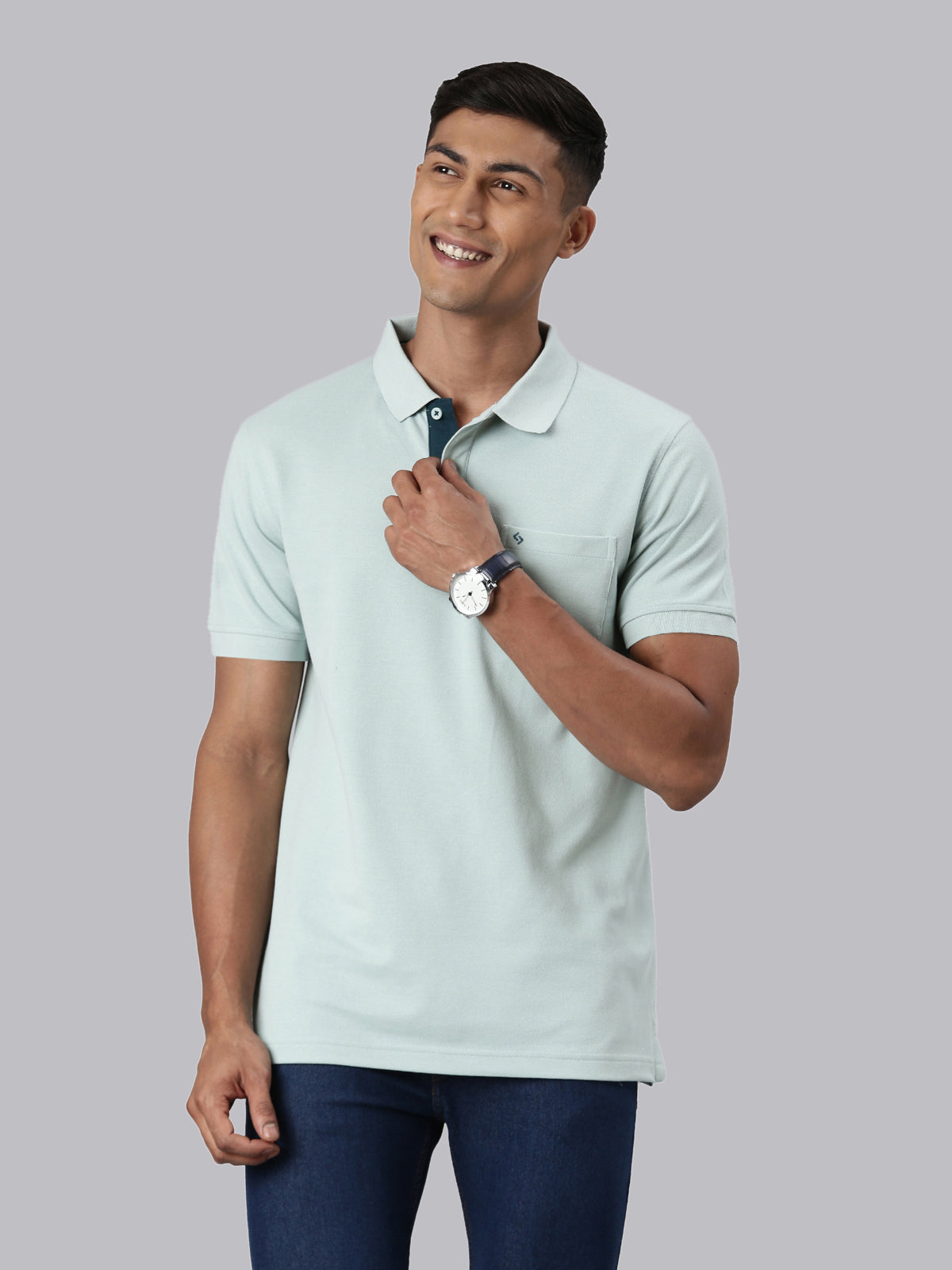 Classic Polo Men's Half Sleeve Lt.Teal Blue Polo Neck Slim Fit Solid T-Shirt | TOY-VIROK-BLUE HAZE SF P