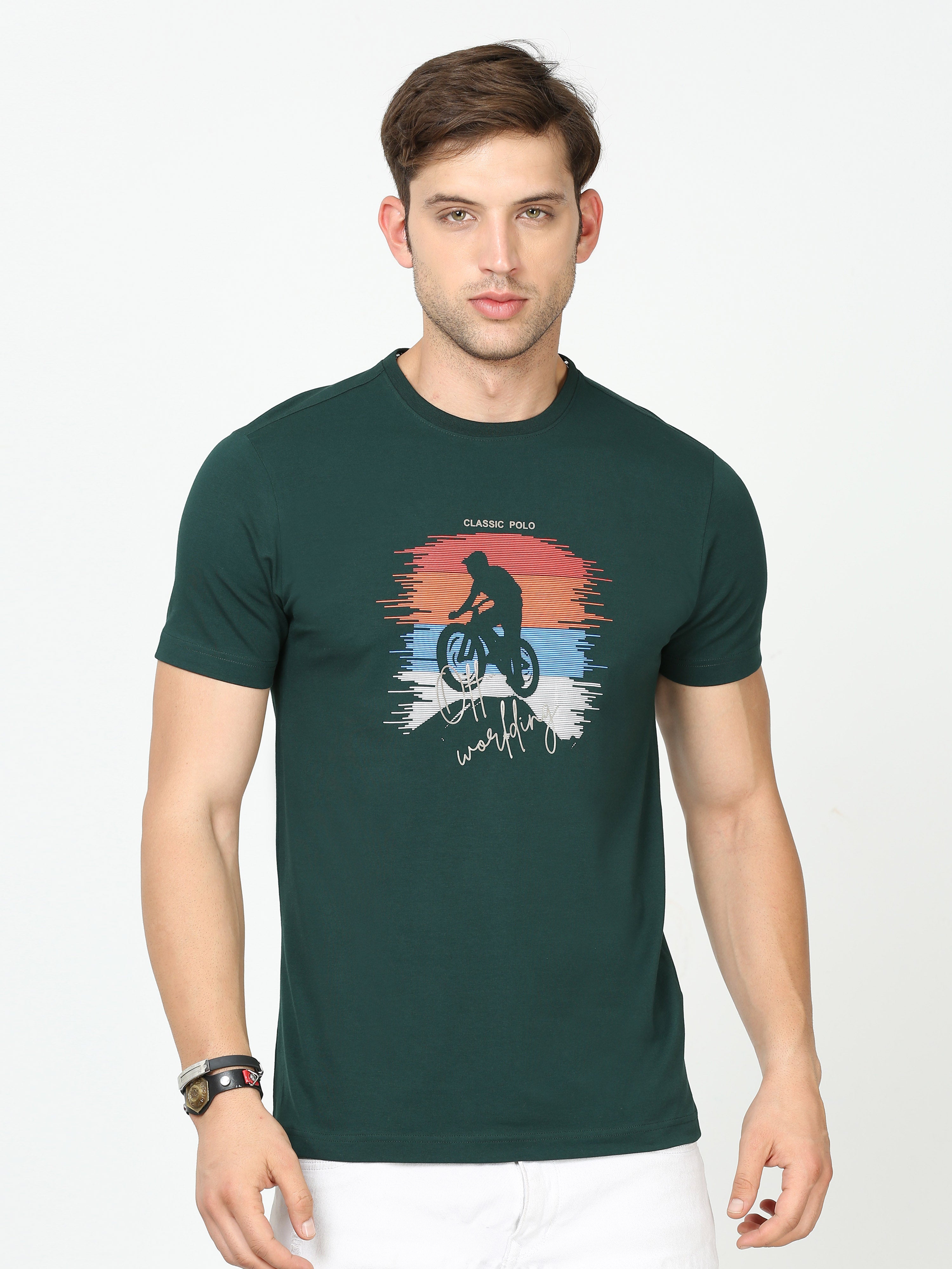 Classic Polo Mens Cotton Half Sleeves Printed Slim Fit Crew Neck Green Color T-Shirt | Baleno - 556 B Sf C