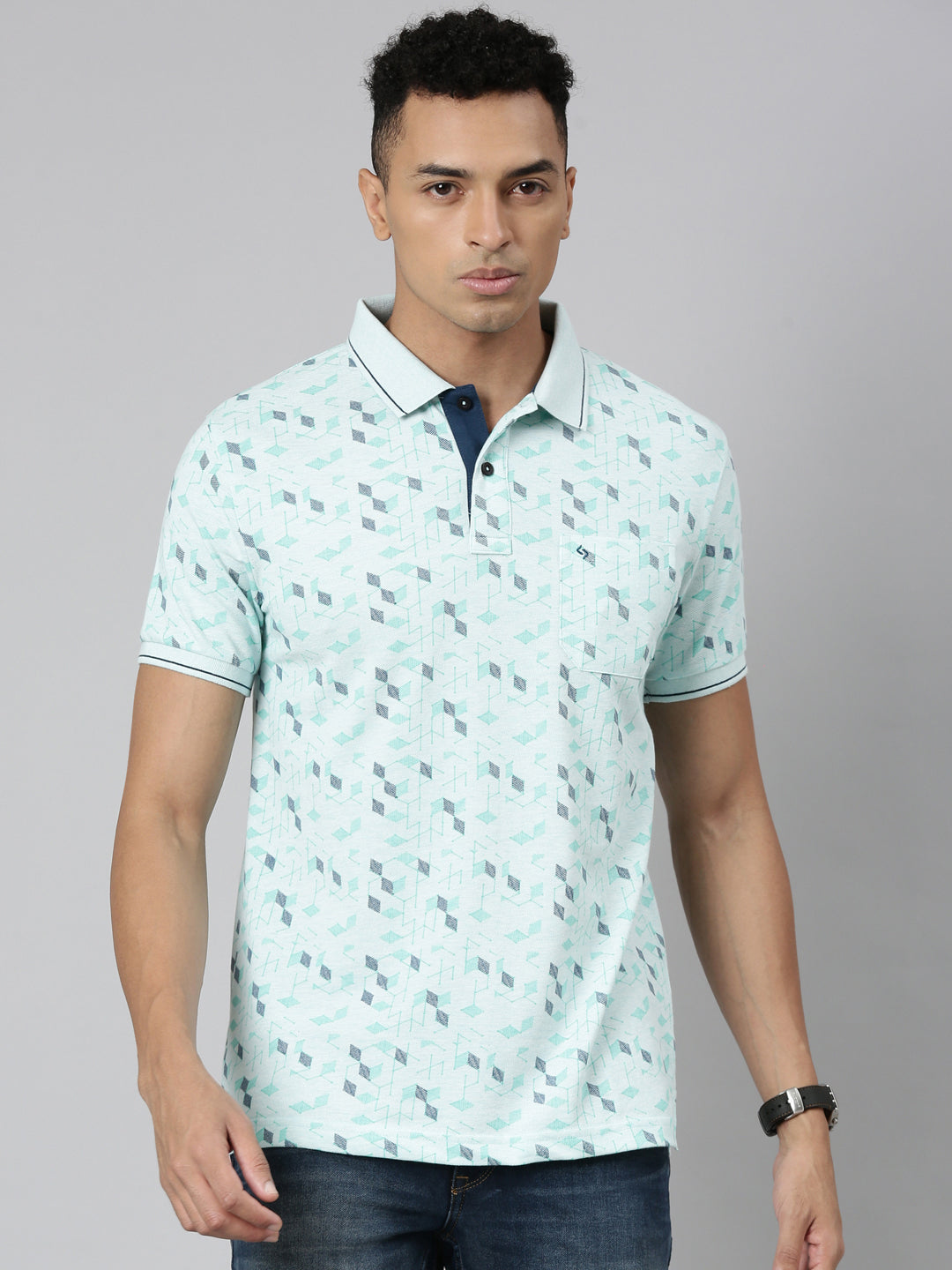 Classic Polo Men's Polo Neck Cotton Lt.Green Slim Fit Printed T-Shirt | BEAU-242 B SF P