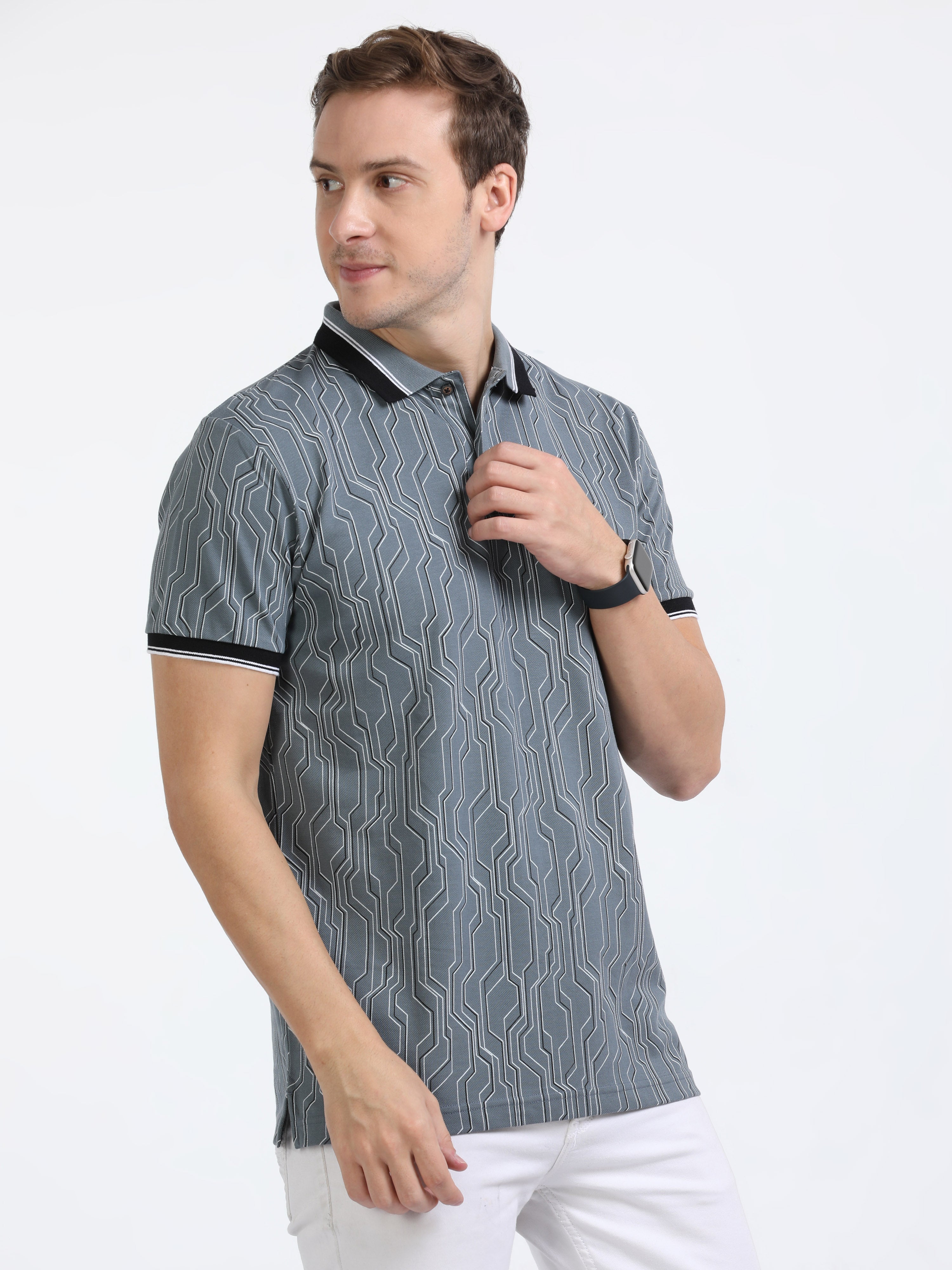 Classic Polo Mens Cotton Half Sleeves Floral Slim Fit Polo Neck Grey Color T-Shirt | Brp - 392 B Sf P