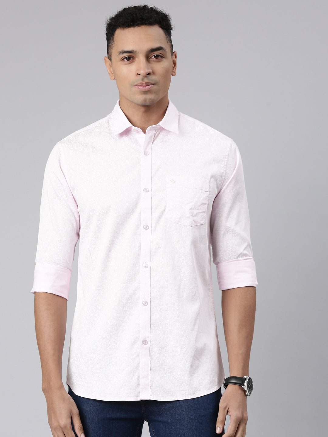 Classic Polo Men's Full Sleeve Lt.Pink/White Polo Neck Cotton Slim Fit Casual Shirt | SP2-139-PRT-SF FS