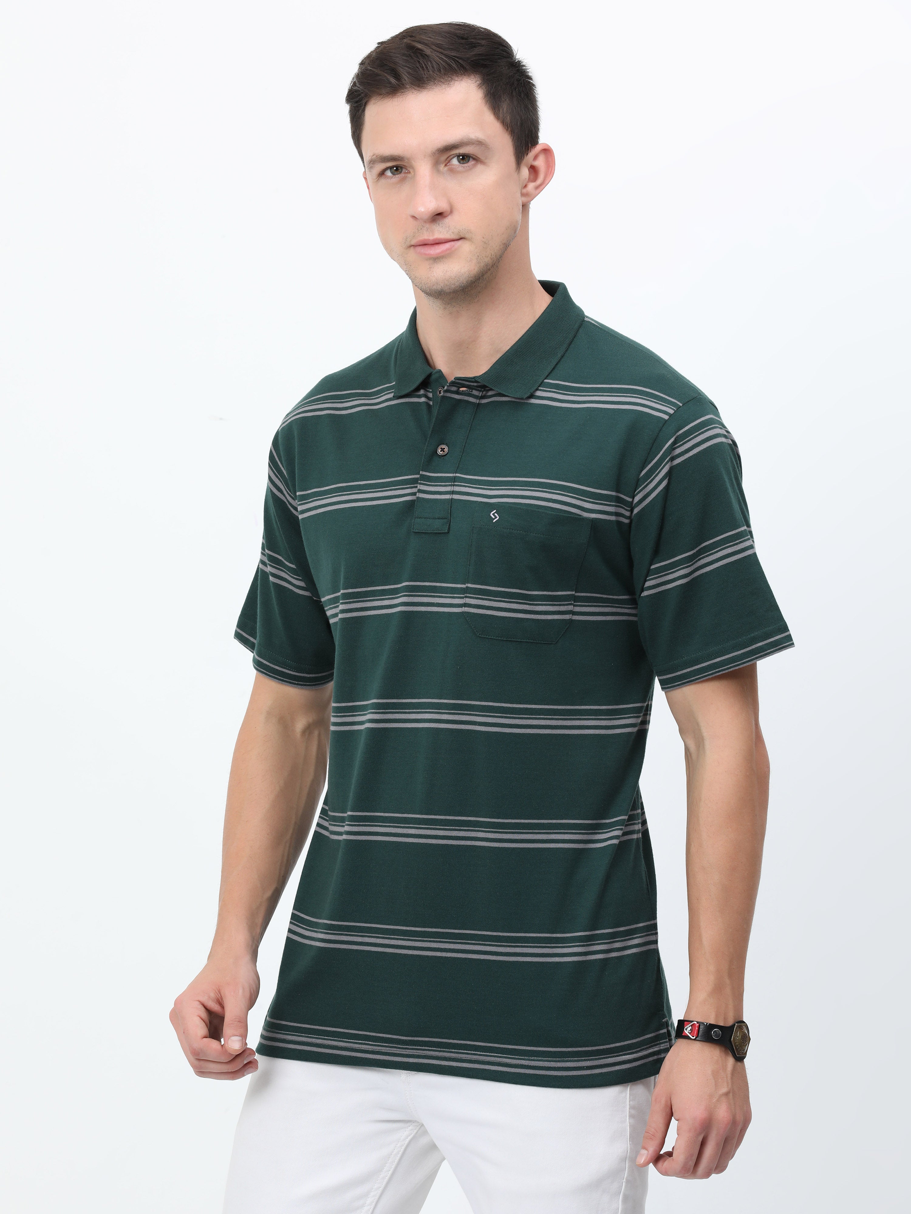 Classic Polo Mens Cotton Half Sleeves Striped Authentic Fit Polo Neck Dark Green Color T-Shirt | Avon - 540 B Af P