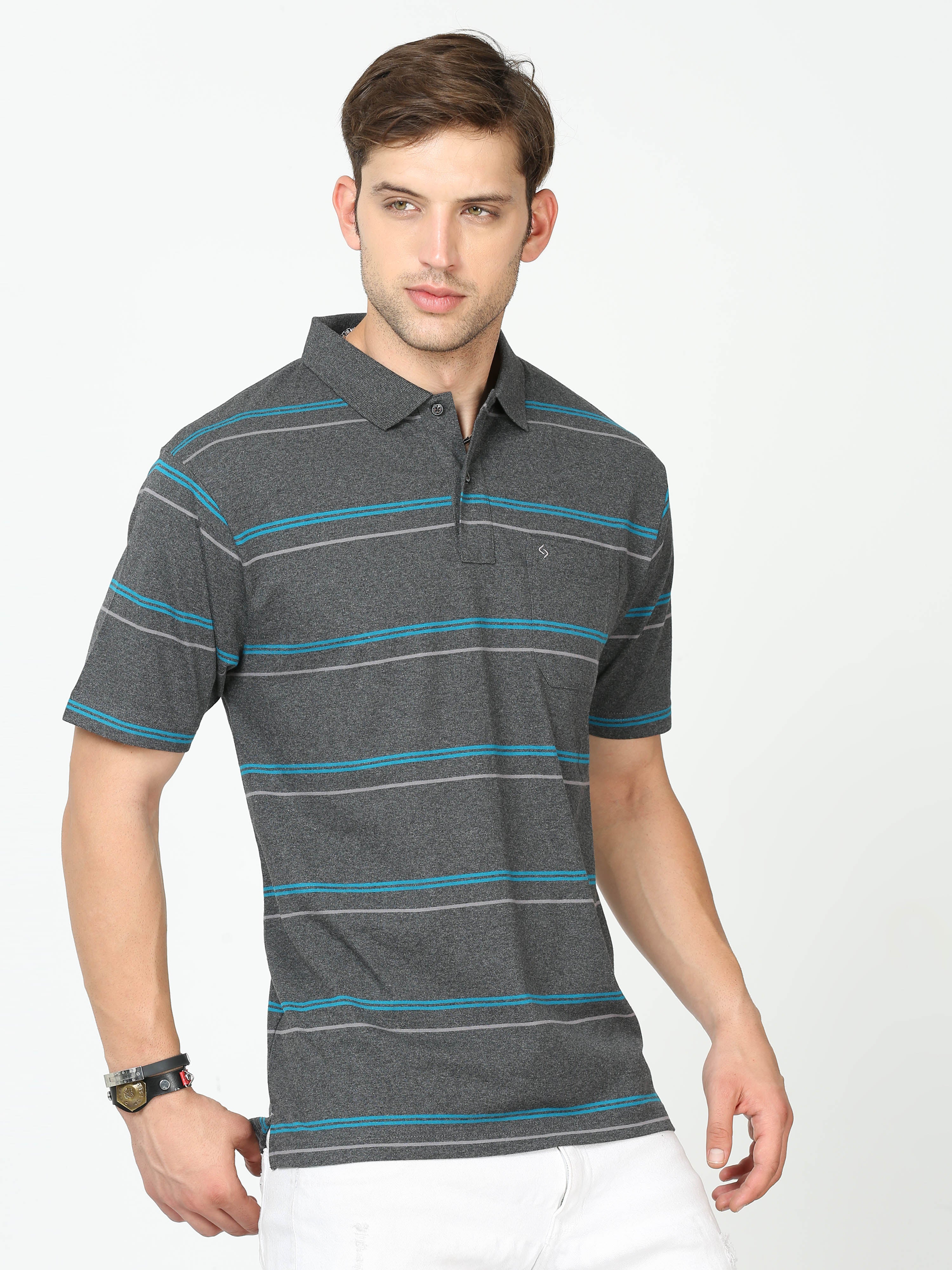 Classic Polo Mens Cotton Half Sleeves Striped Authentic Fit Polo Neck Black Color T-Shirt | Avon - 543 A Af P