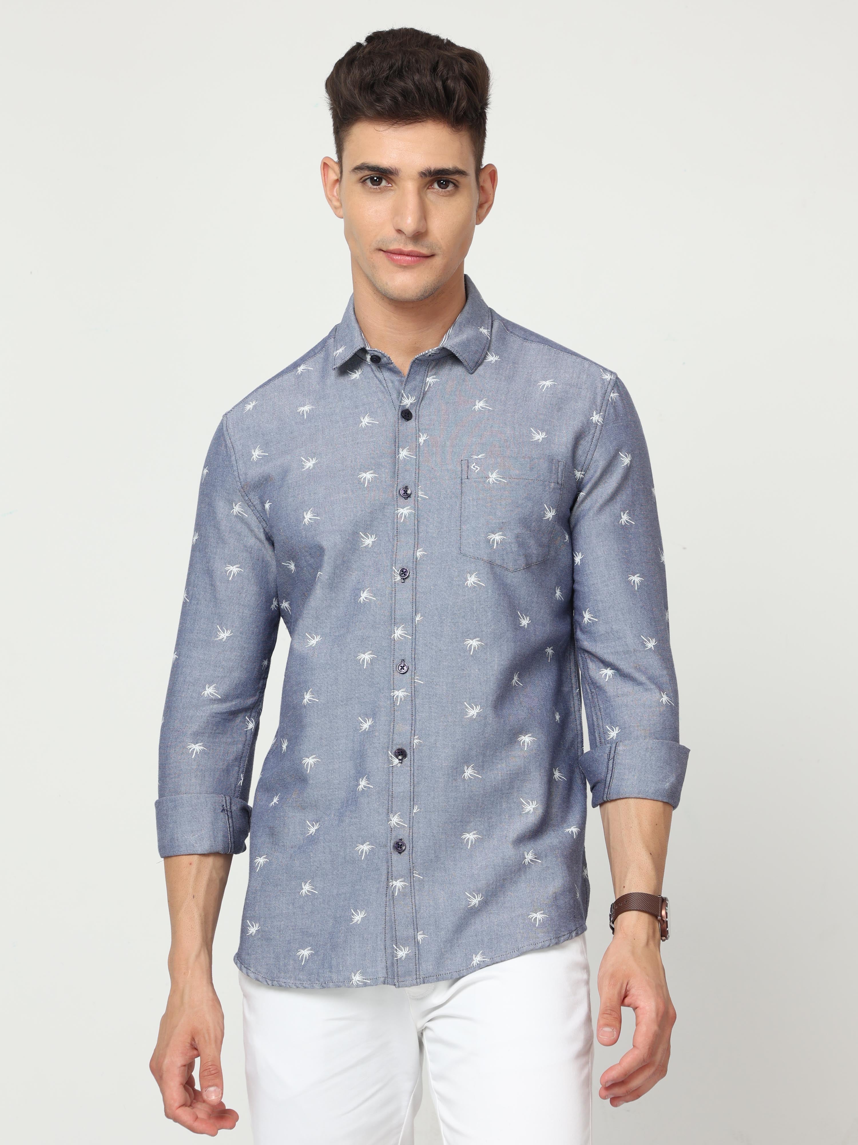 Classic Polo Mens Cotton Full Sleeve Printed Slim Fit Polo Neck Blue Color Woven Shirt | SO1-177 A-FS-PRT
