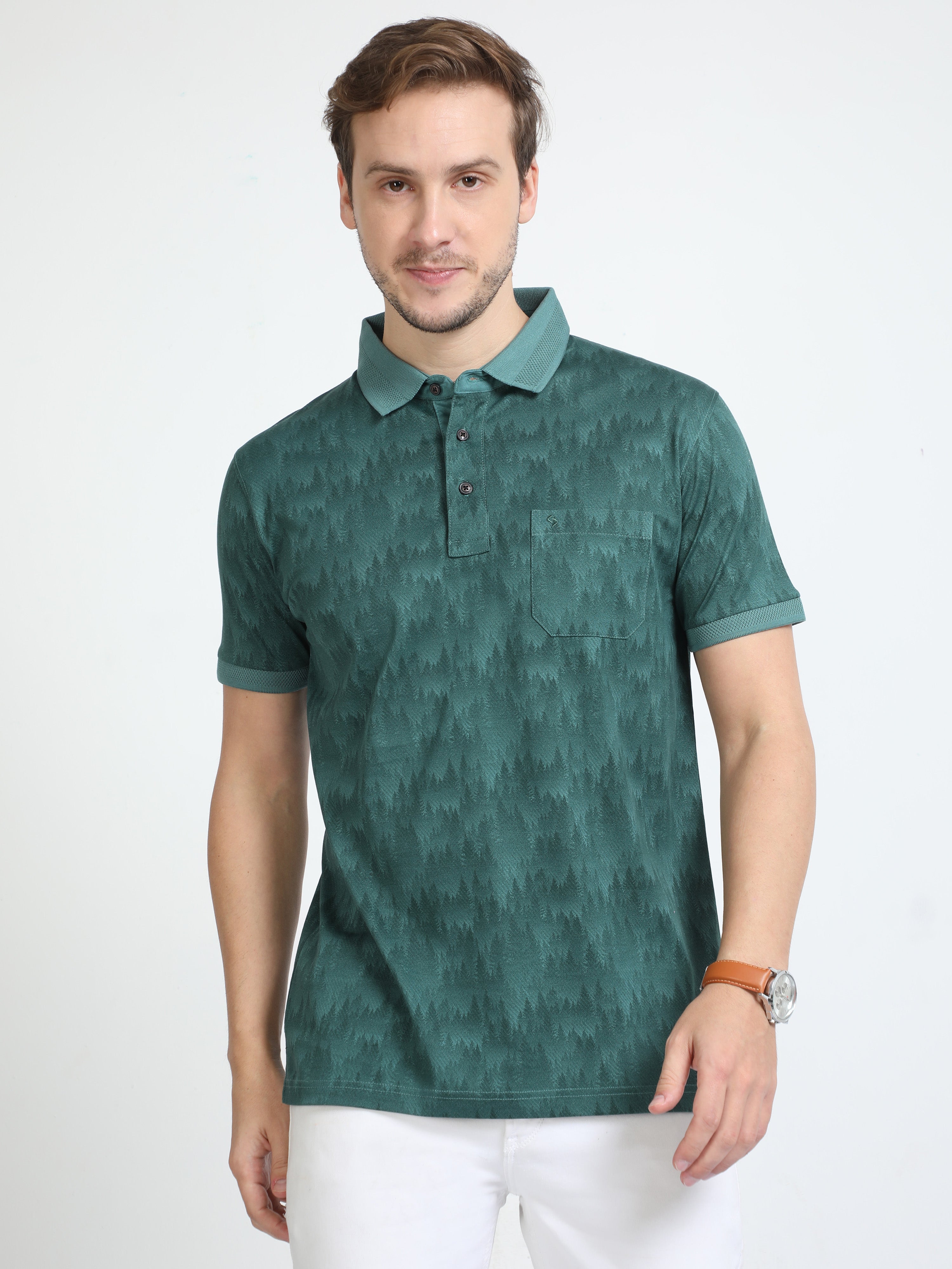 Classic Polo Mens Cotton Half Sleeves Floral Slim Fit Polo Neck Green Color T-Shirt | Scant - 31 A Sf P