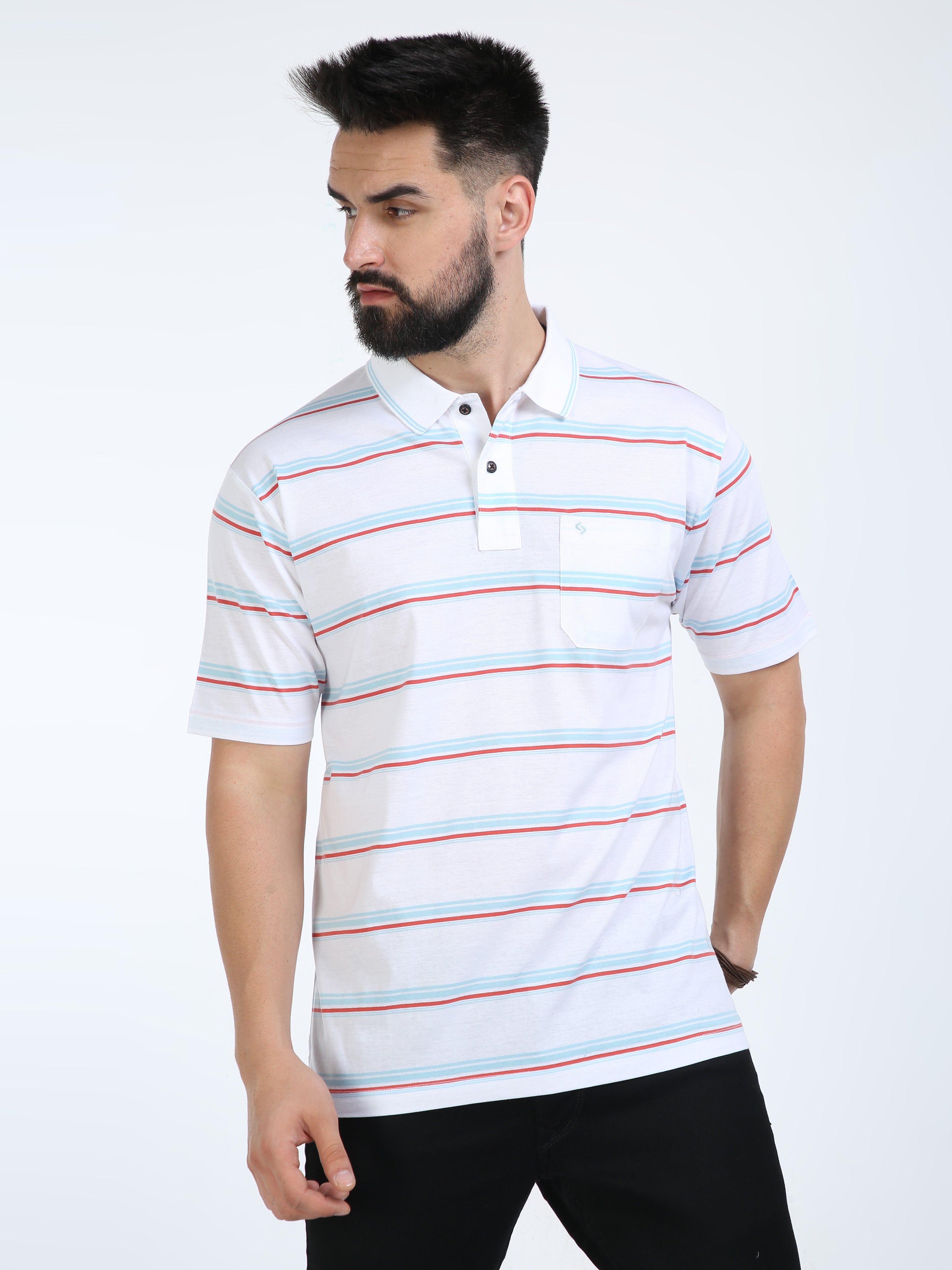 Classic Polo Mens Cotton Half Sleeves Striped Authentic Fit Polo Neck White Color T-Shirt | Ap - 96 A Af P