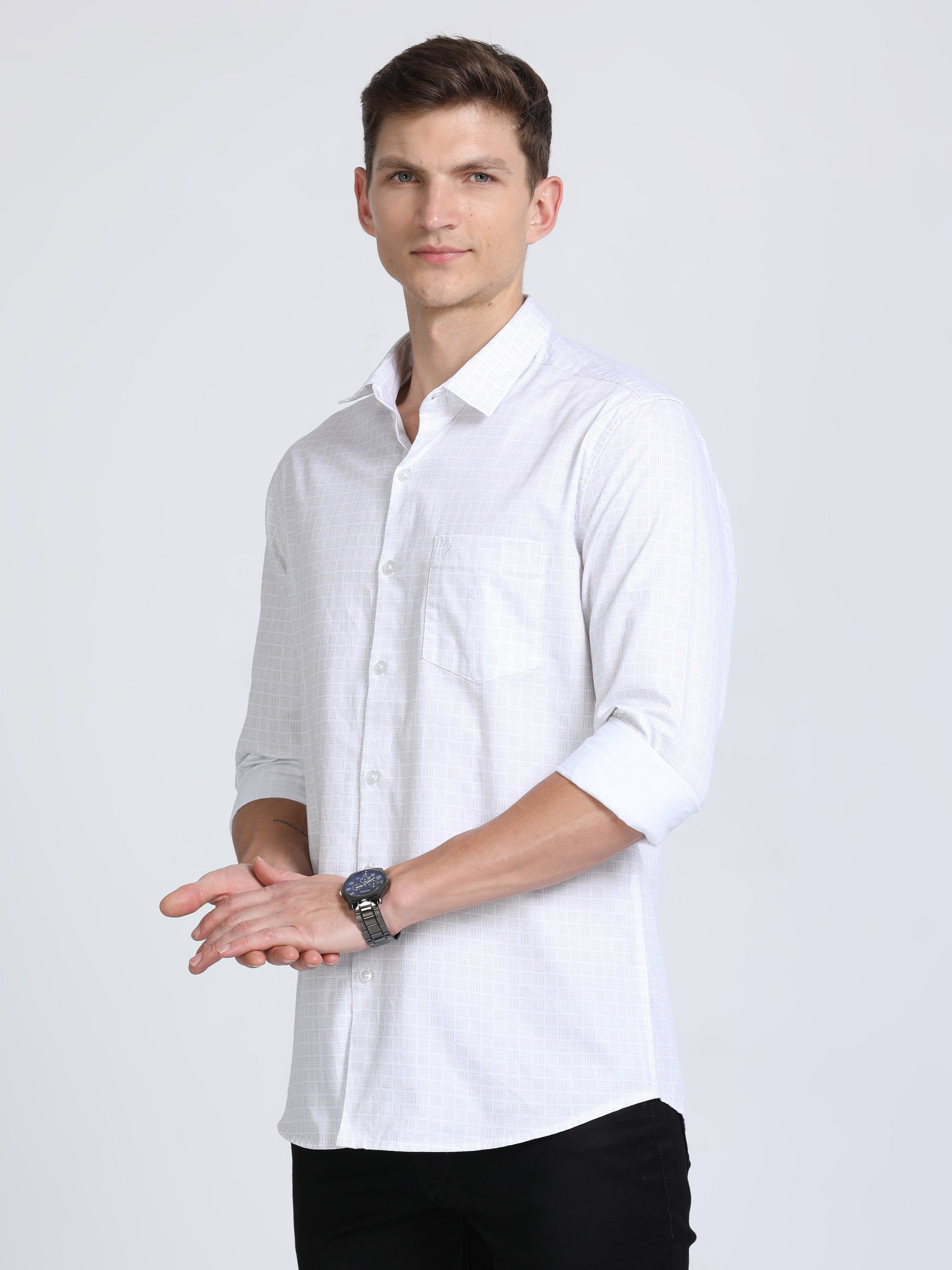 Classic Polo Mens Pure Cotton Full Sleeves Printed Slim Fit Polo Neck White Color Woven Shirt | So2-161 A-Fs-Prt-Sf