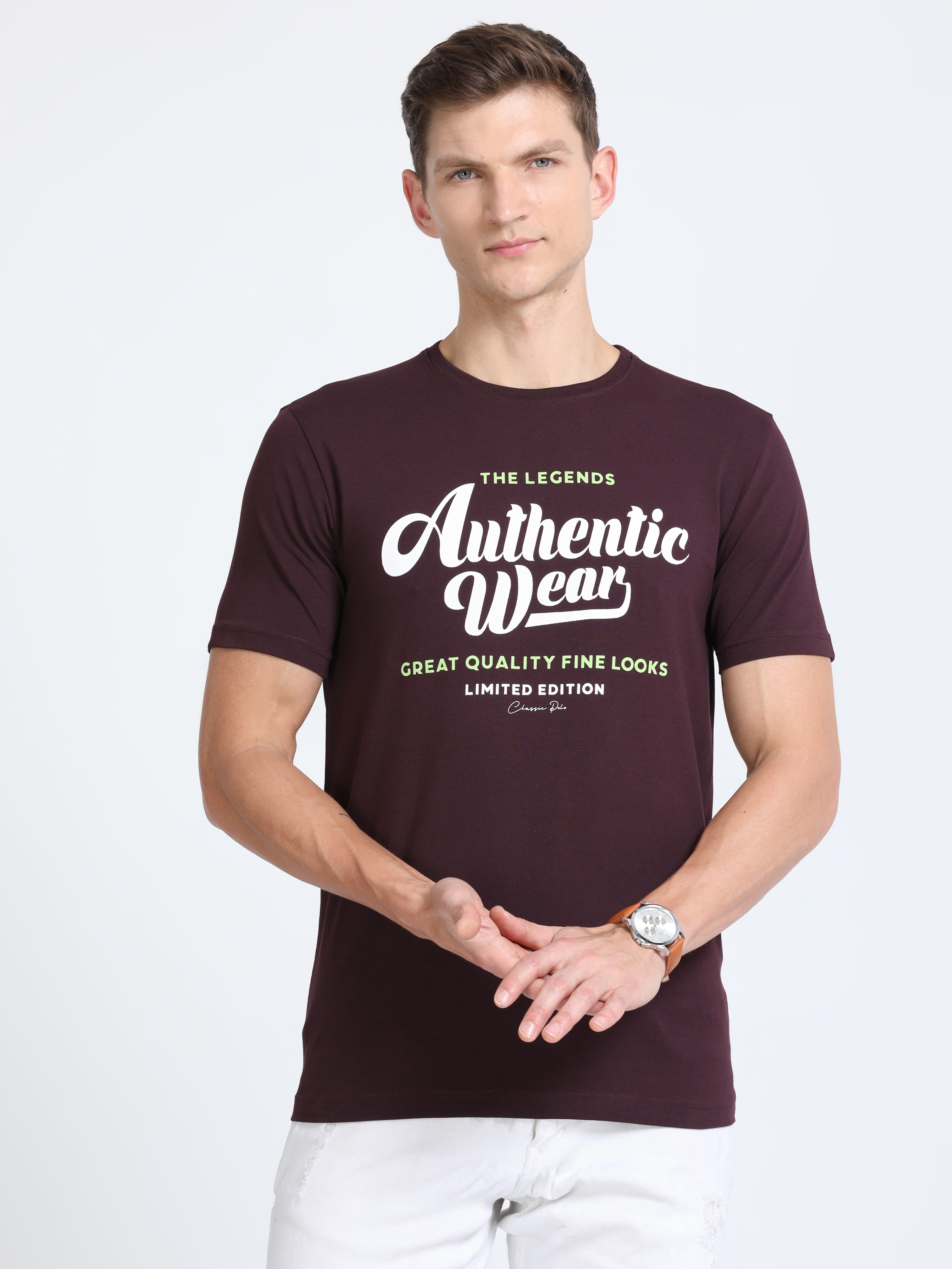 Classic Polo Mens Cotton Half Sleeves Printed Slim Fit Crew Neck Burgudy Color T-Shirt | Baleno - 560 B Sf C