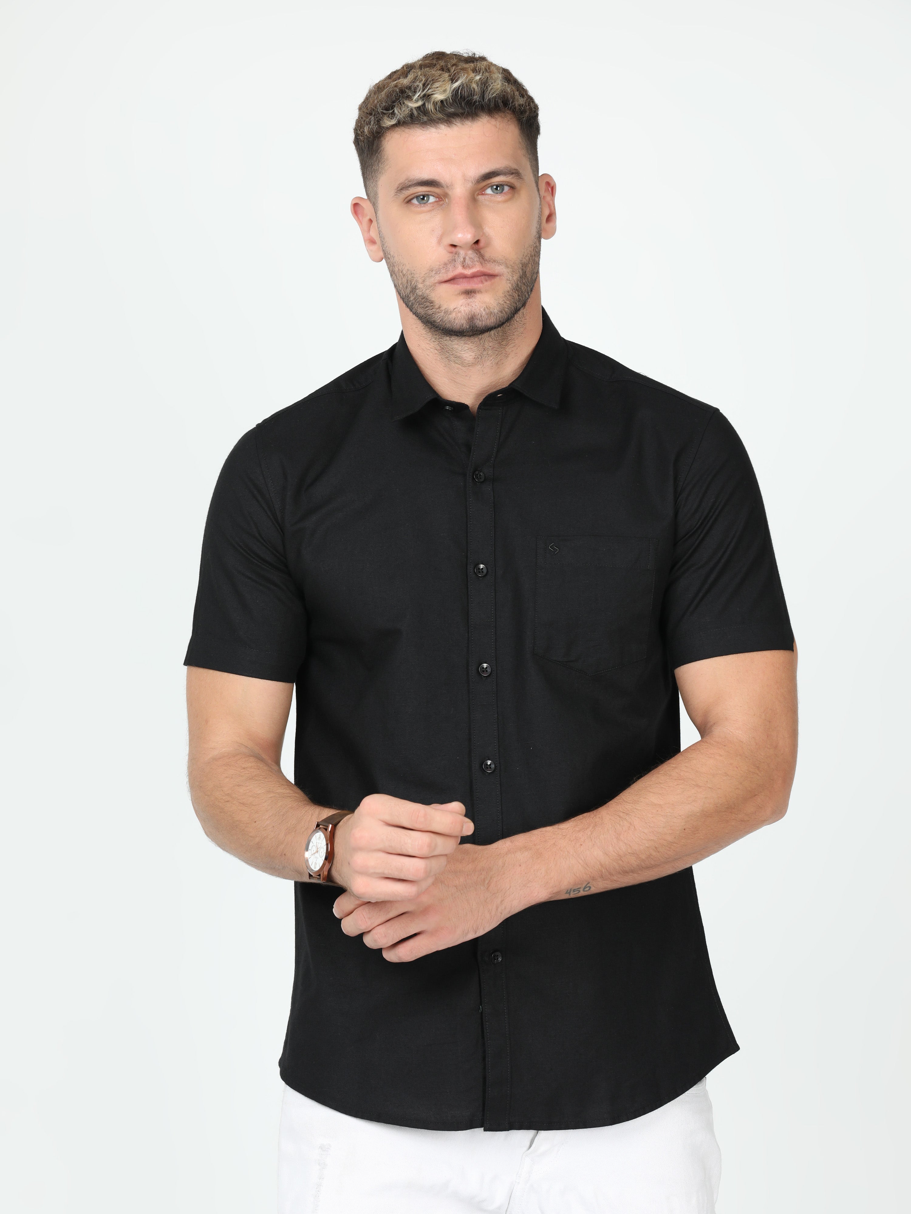 Classic Polo Mens Linen Cotton Half Sleeve Slim Fit Polo Neck Black Color Woven Shirt | Linen - 26 E-HS-SLD-SF