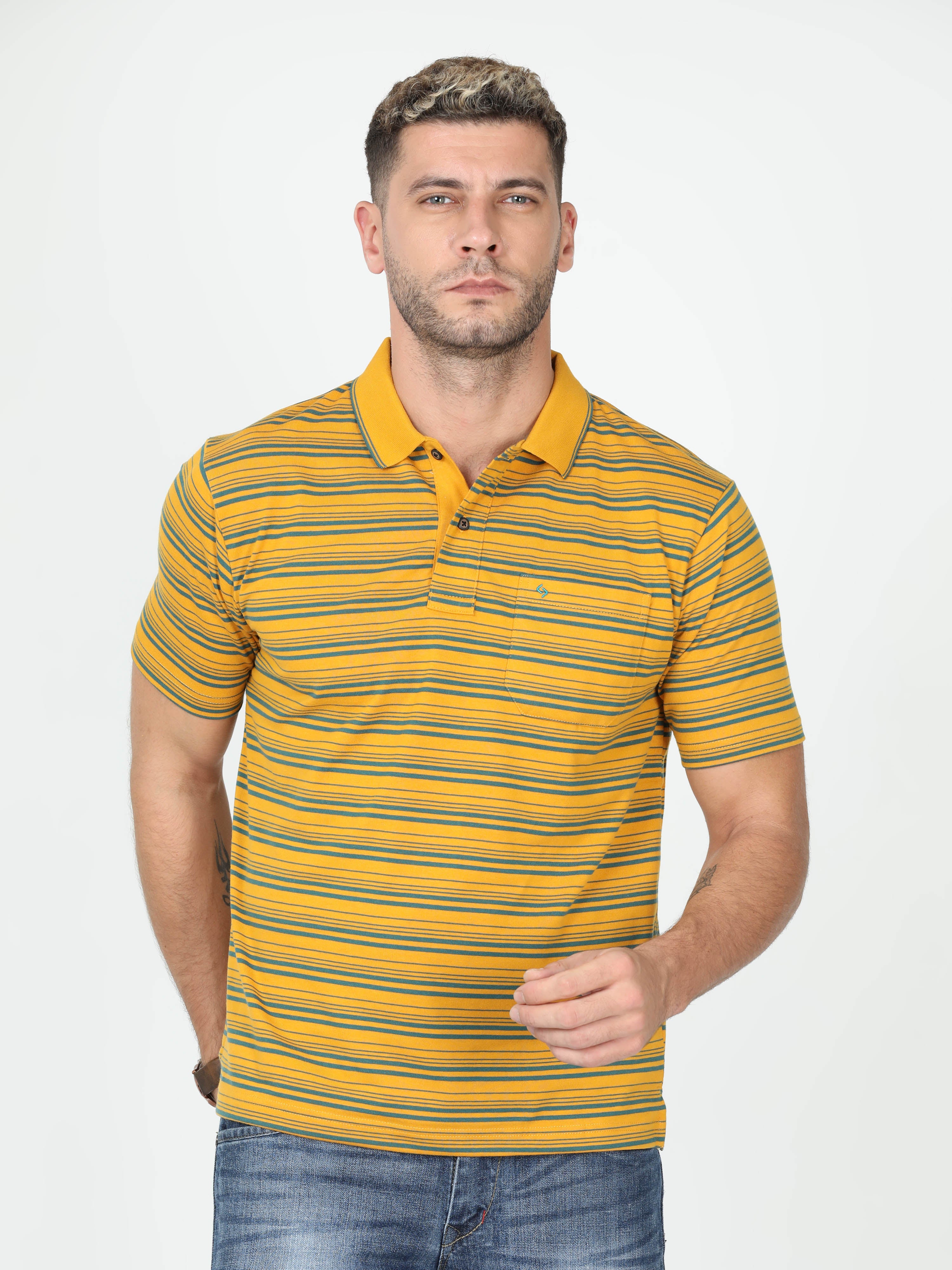 Classic Polo Mens Cotton Half Sleeve Striped Authentic Fit Polo Neck Yellow Color T Shirt | F-Feeders - 109 A