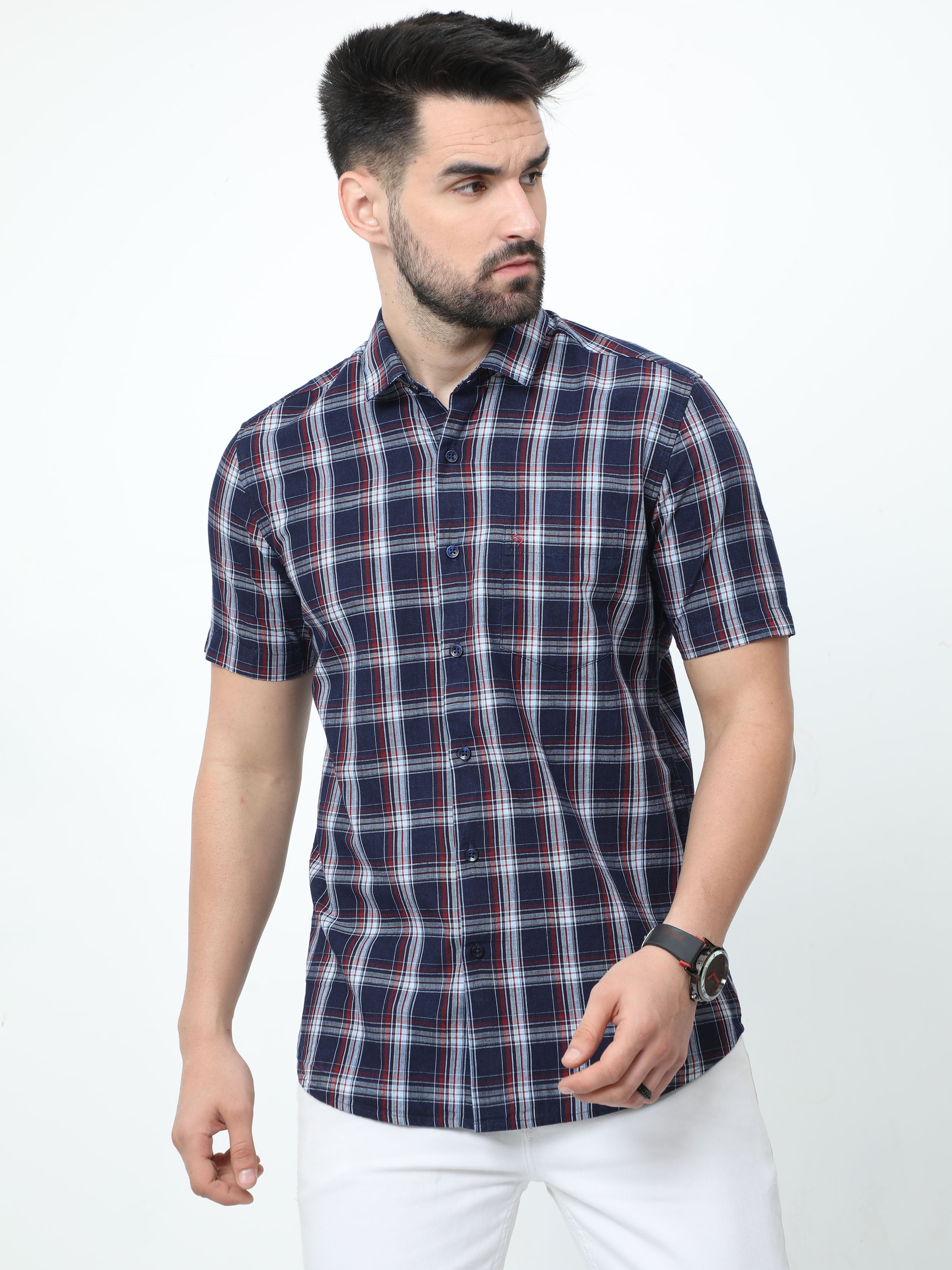 Classic Polo Mens Pure Cotton Half Sleeves Checked Slim Fit Polo Neck Multi Color Woven Shirt | So2-175 B-Hs-Chk-Sf
