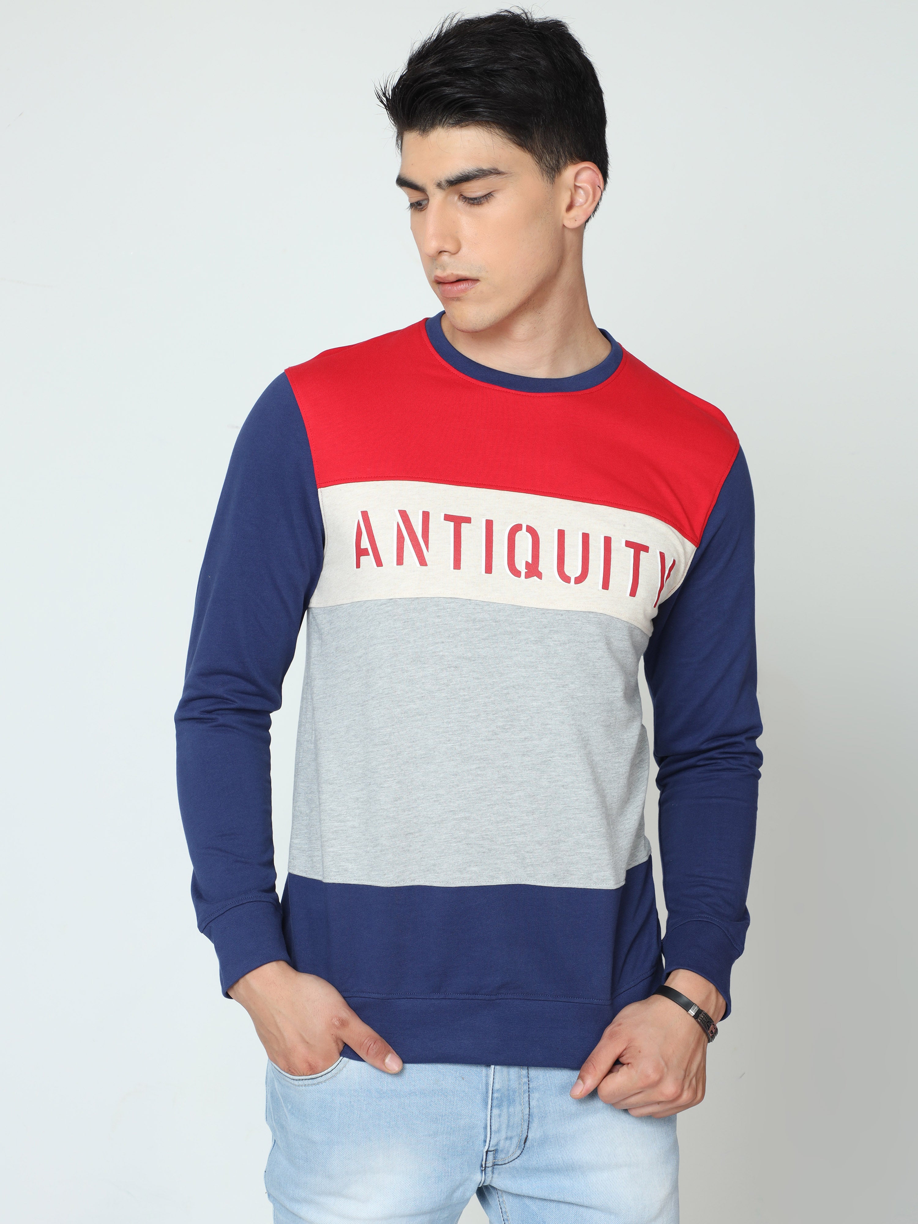 Classic Polo Mens 100% Cotton Multi Color Blocked Crew Neck Full Sleeves Slim Fit Sweat Shirt |Cp-Ss-11