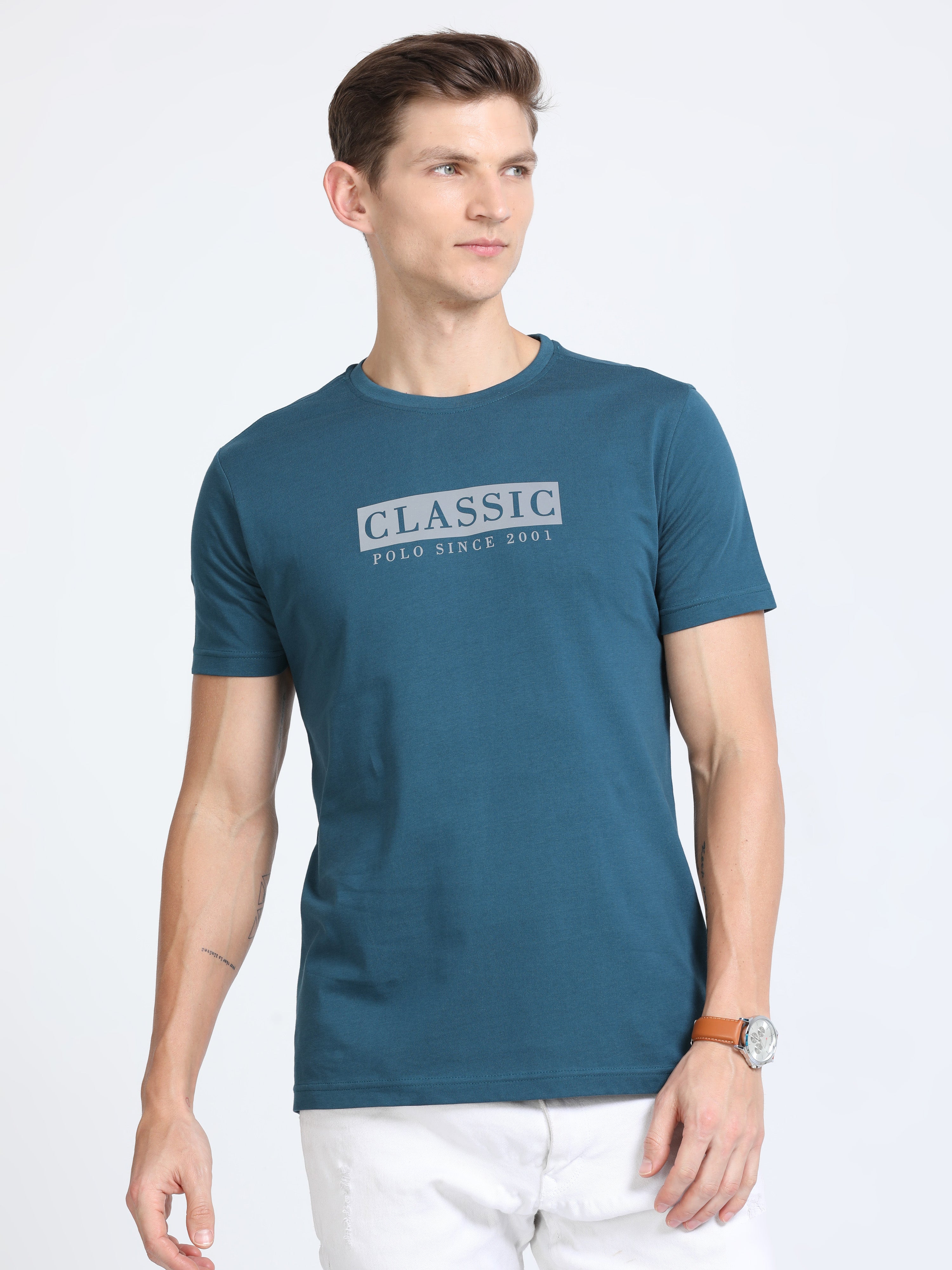 Classic Polo Mens Cotton Half Sleeves Printed Slim Fit Crew Neck Blue Color T-Shirt | Baleno - 564 B Sf C