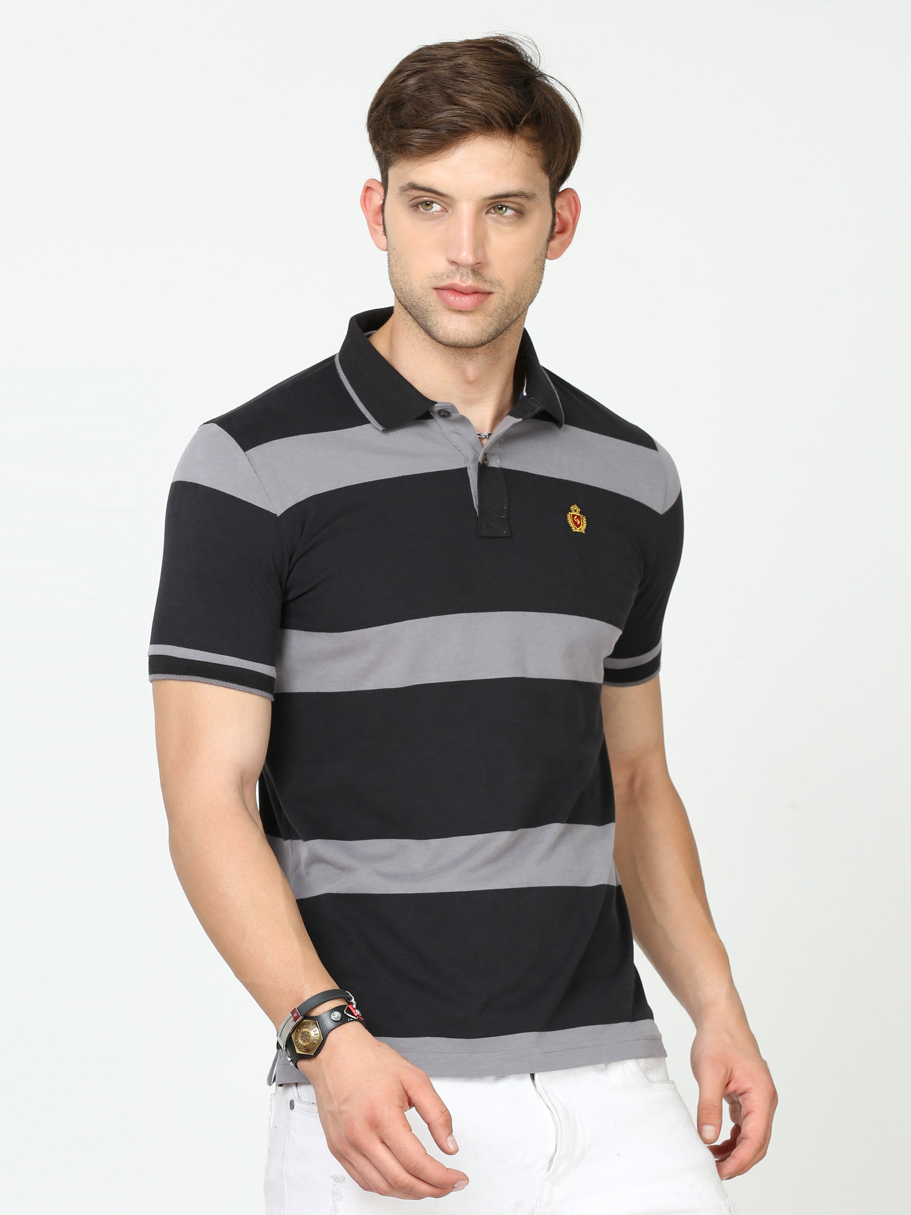 Classic Polo Mens Cotton Half Sleeves Striped Slim Fit Polo Neck Black Color T-Shirt | Cpeg - 313 B Sf P