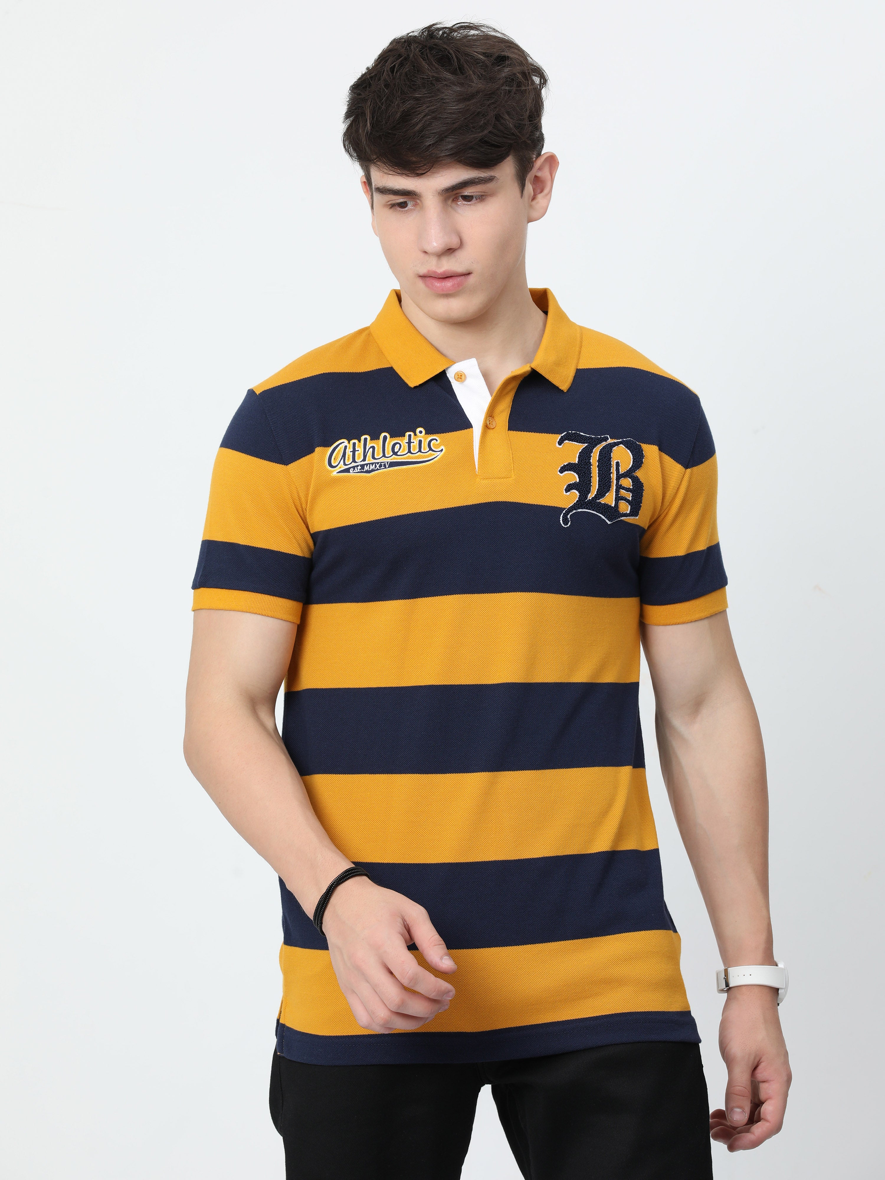 Classic Polo Mens Cotton Half Sleeves Striped Slim Fit Polo Neck Yellow Color T-Shirt | Brp - 395 A Sf P