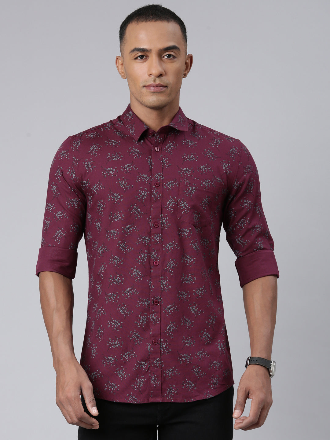 Classic Polo Bro Mens Aop Maroon Polo Neck Woven Slim Fit Shirt | SBP1-19 B-FS-PRT-BSL