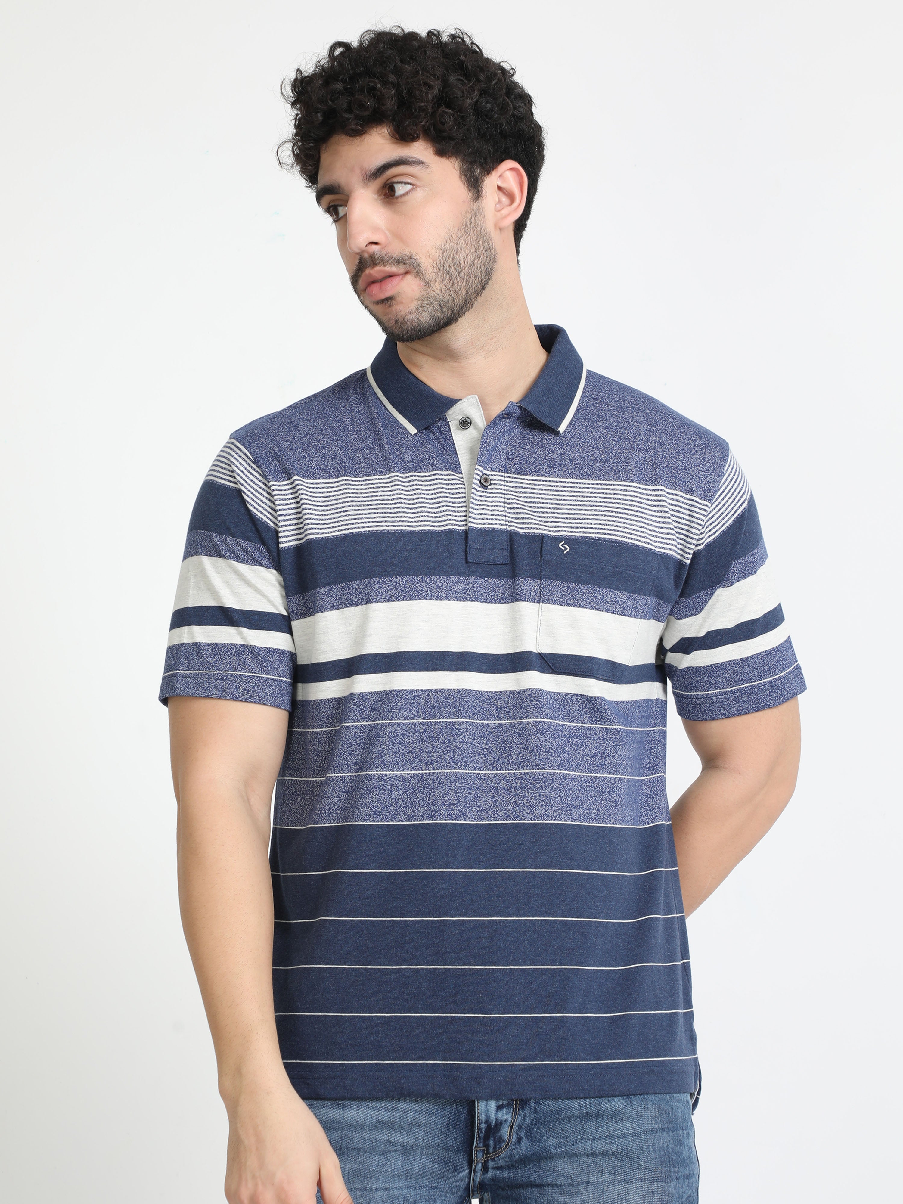 Classic Polo Mens Cotton Half Sleeves Striped Authentic Fit Polo Neck Blue Color T-Shirt | Mel - 245 A Af P