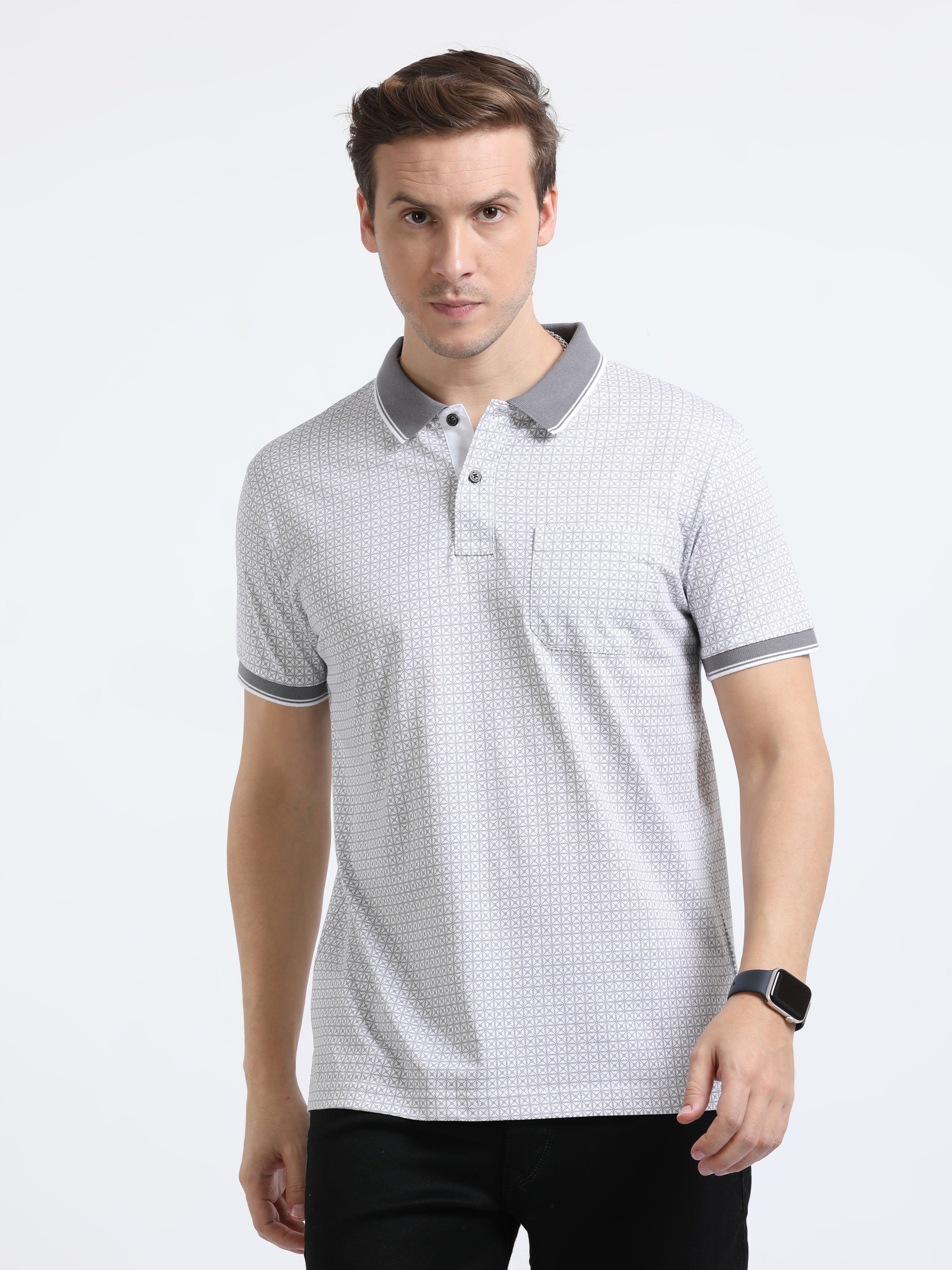 Classic Polo Mens Pure Cotton Half Sleeves Printed Slim Fit Polo Neck Grey Color T-Shirt | Bello - 217 B Sf P