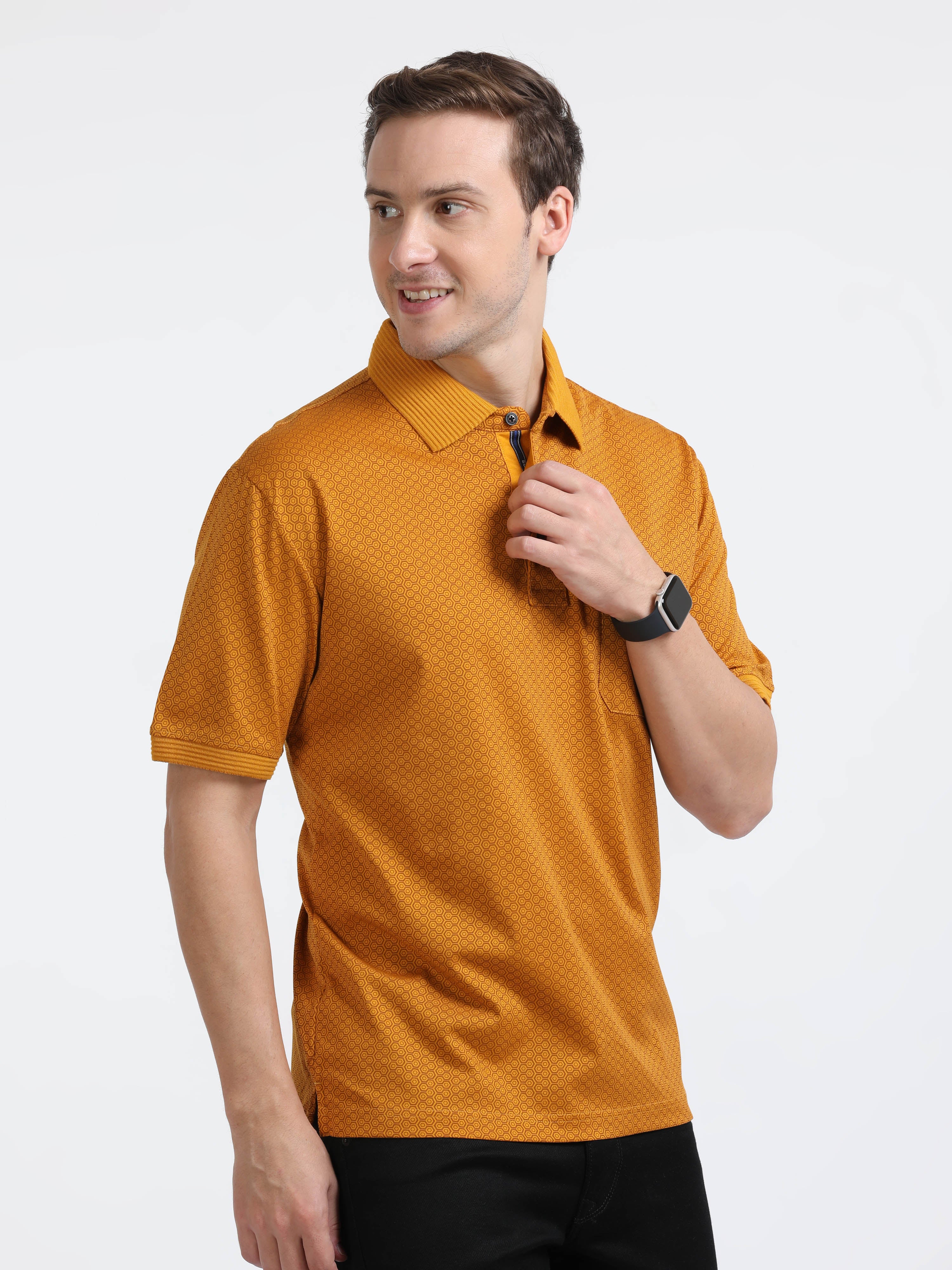 Classic Polo Mens Cotton Half Sleeves Floral Authentic Fit Crew Neck Yellow Color T-Shirt | Swank - 08 B Af C
