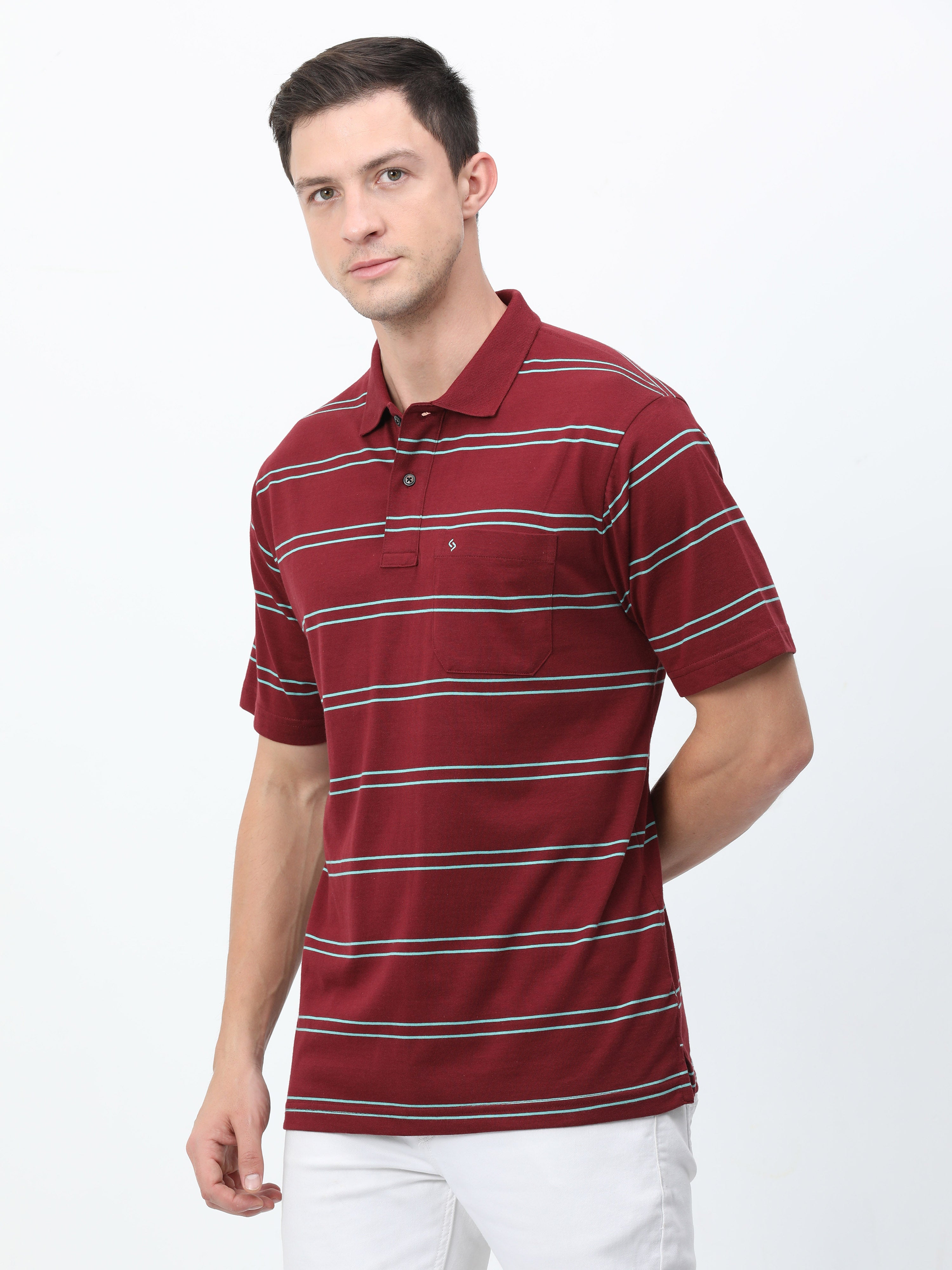 Classic Polo Mens Cotton Half Sleeves Striped Authentic Fit Polo Neck Maroon Color T-Shirt | Avon - 545 A Af P
