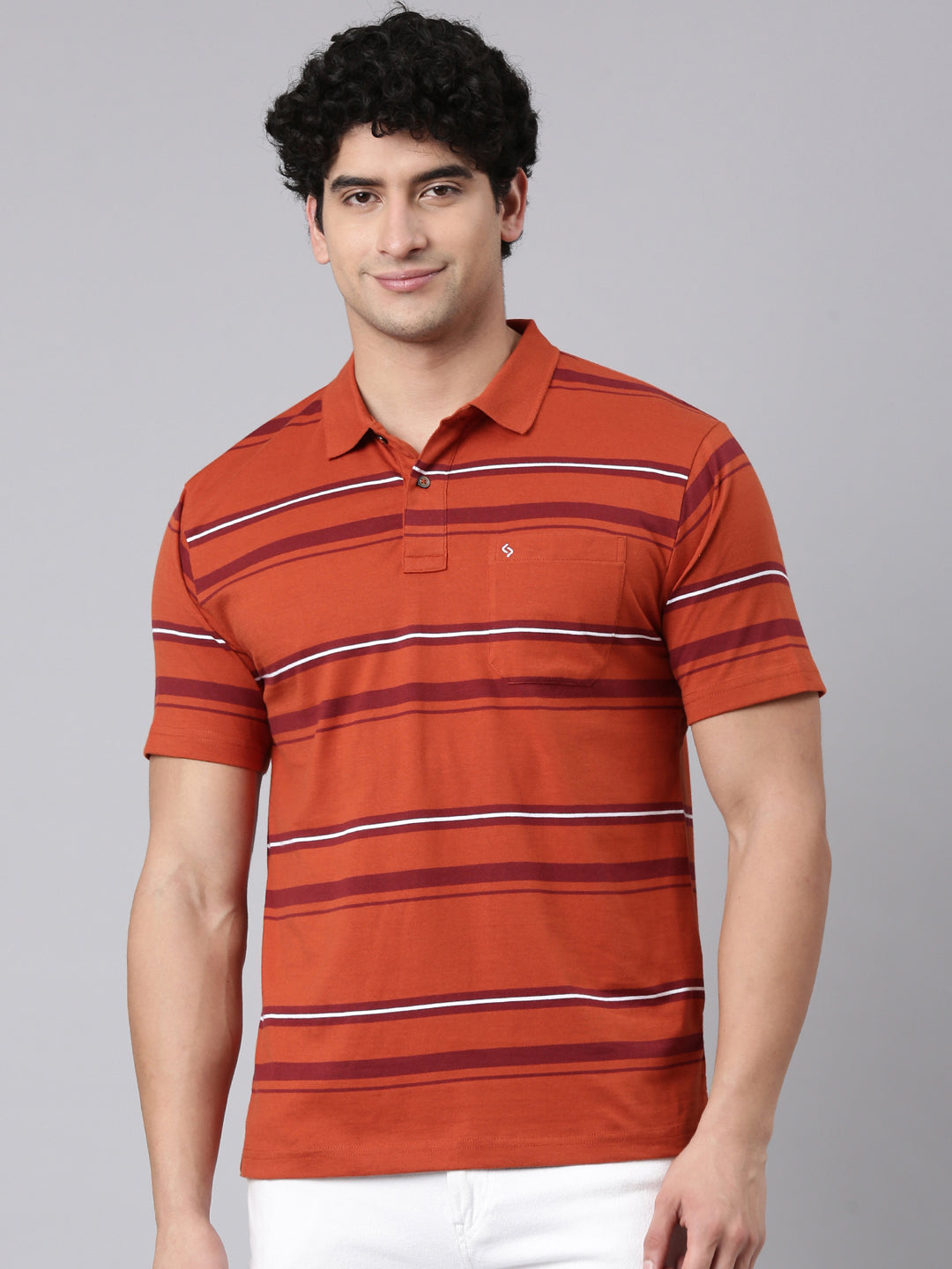 Classic Polo Men's Half Sleeve Rust Polo Neck Authentic Fit Striped Cotton Blend T-Shirt | AVON - 648 B AF P