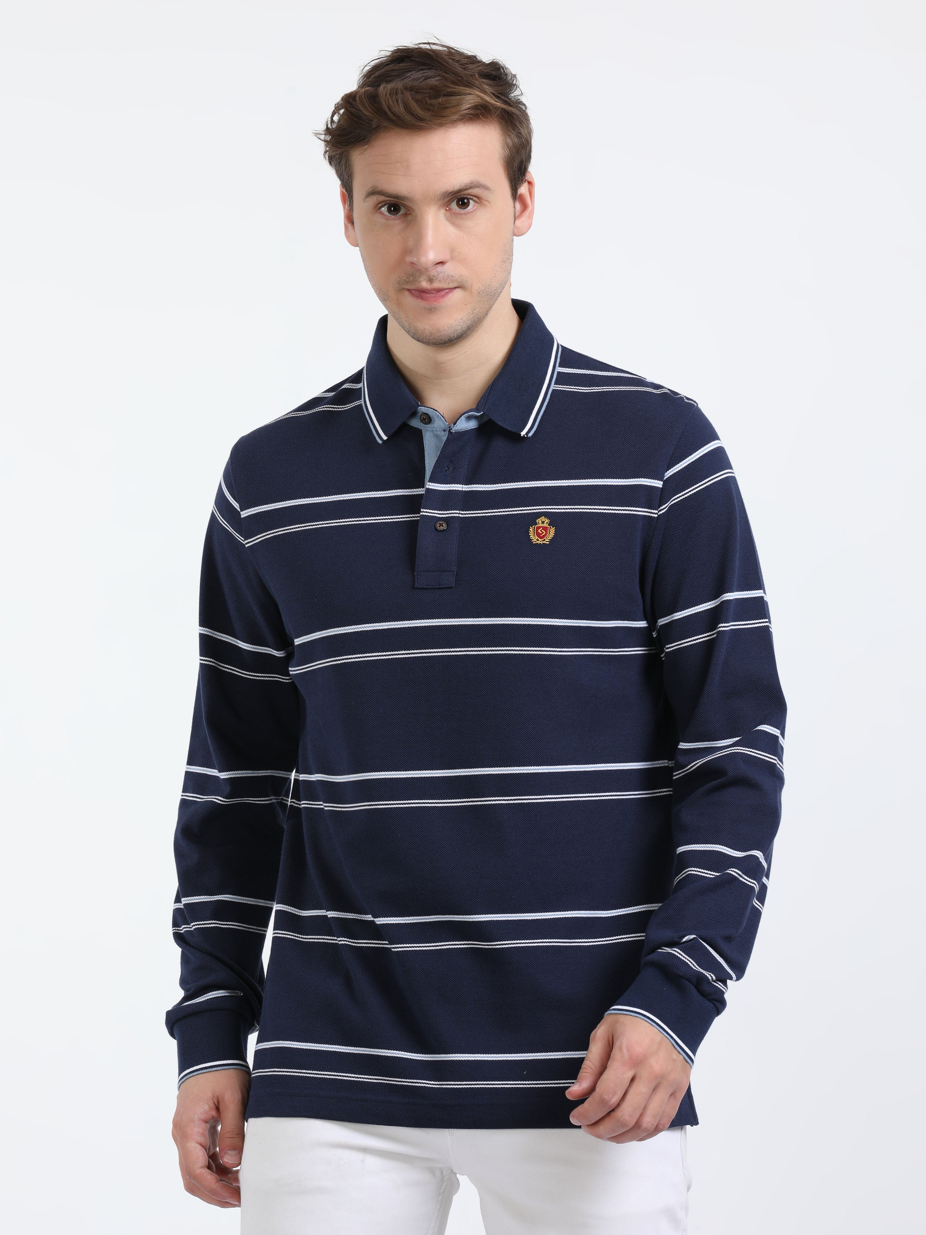 Classic Polo Mens Cotton Full Sleeve Striped Slim Fit Polo Neck Navy Color T-Shirt | Verno - 333 A Sf P