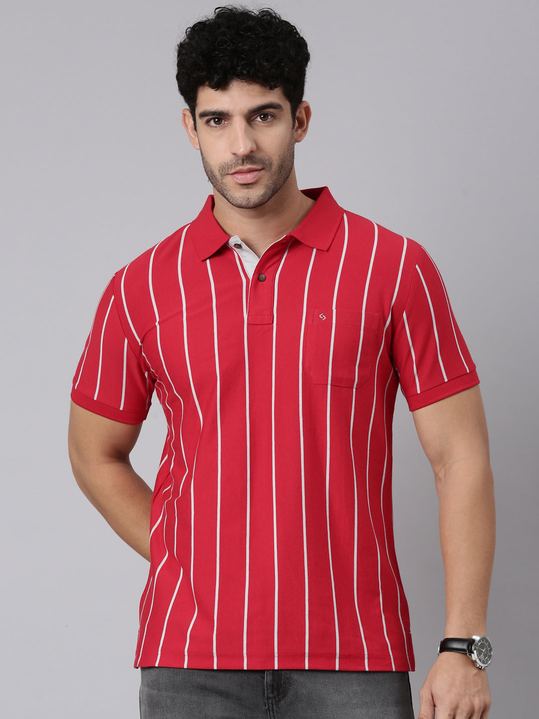 Classic Polo Men's Half Sleeve Red/White Polo Neck Slim Fit Striped Cotton Blend T-Shirt | VERTICS - 123 B SF P