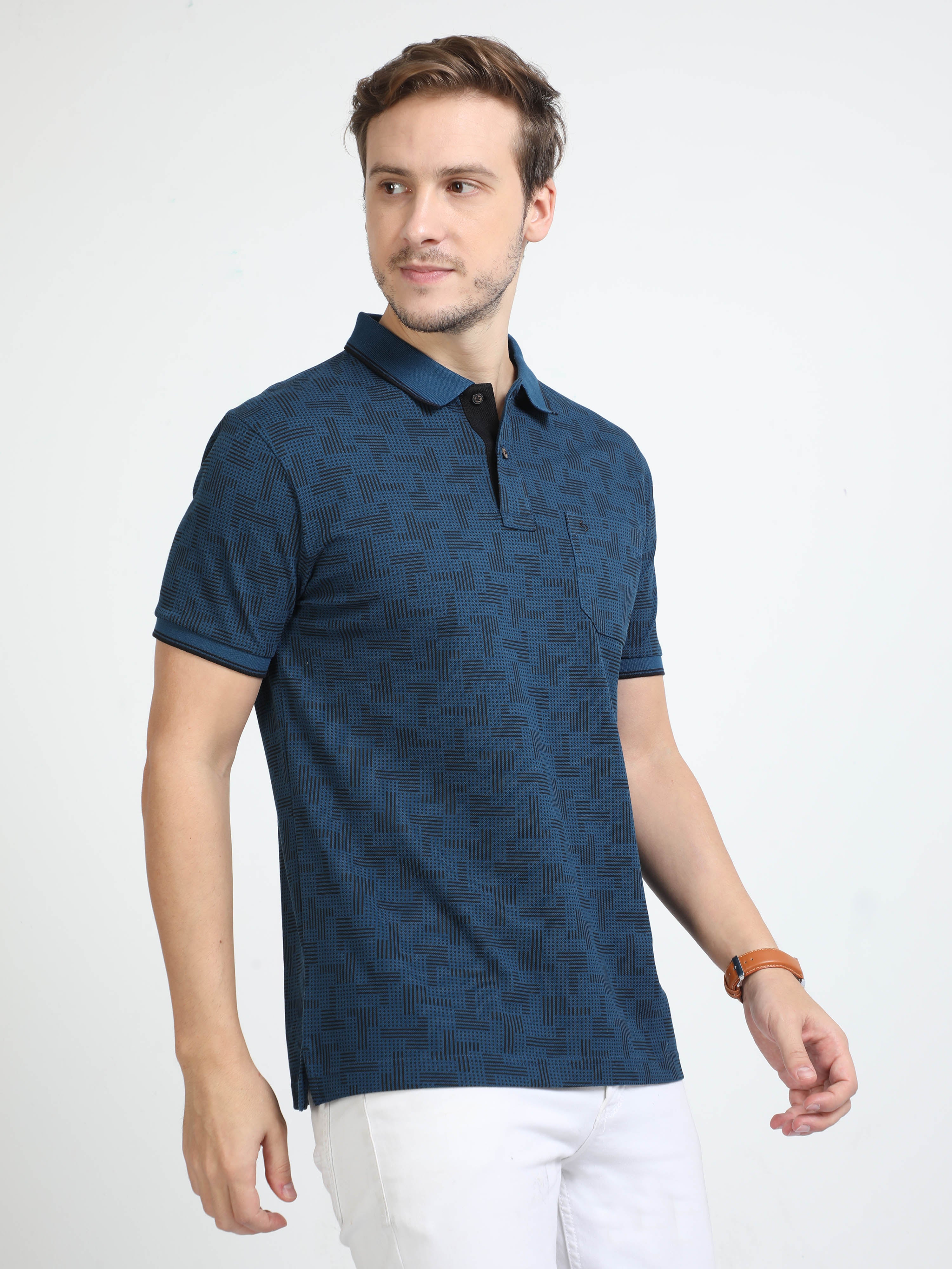 Classic Polo Mens Cotton Half Sleeves Printed Slim Fit Polo Neck Dark Blue Color T-Shirt | Beau - 220 A Sf P