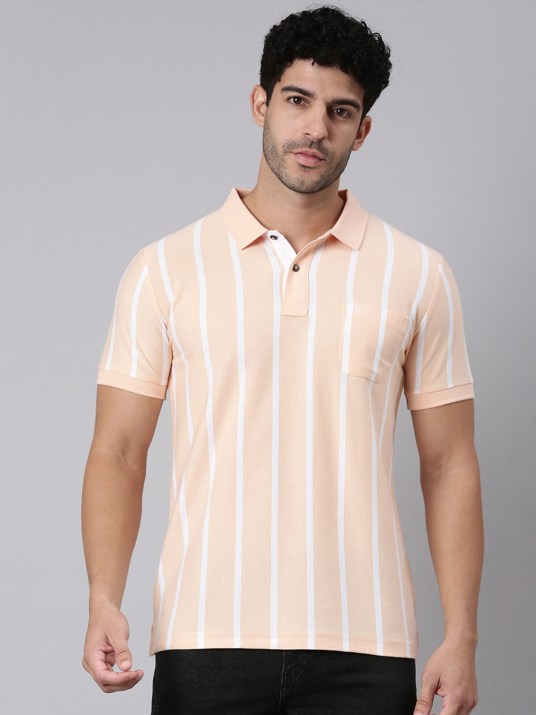 Classic Polo Men's Half Sleeve Light Orange/White Polo Neck Slim Fit Striped Cotton Blend T-Shirt | VERTICS - 121 B SF P