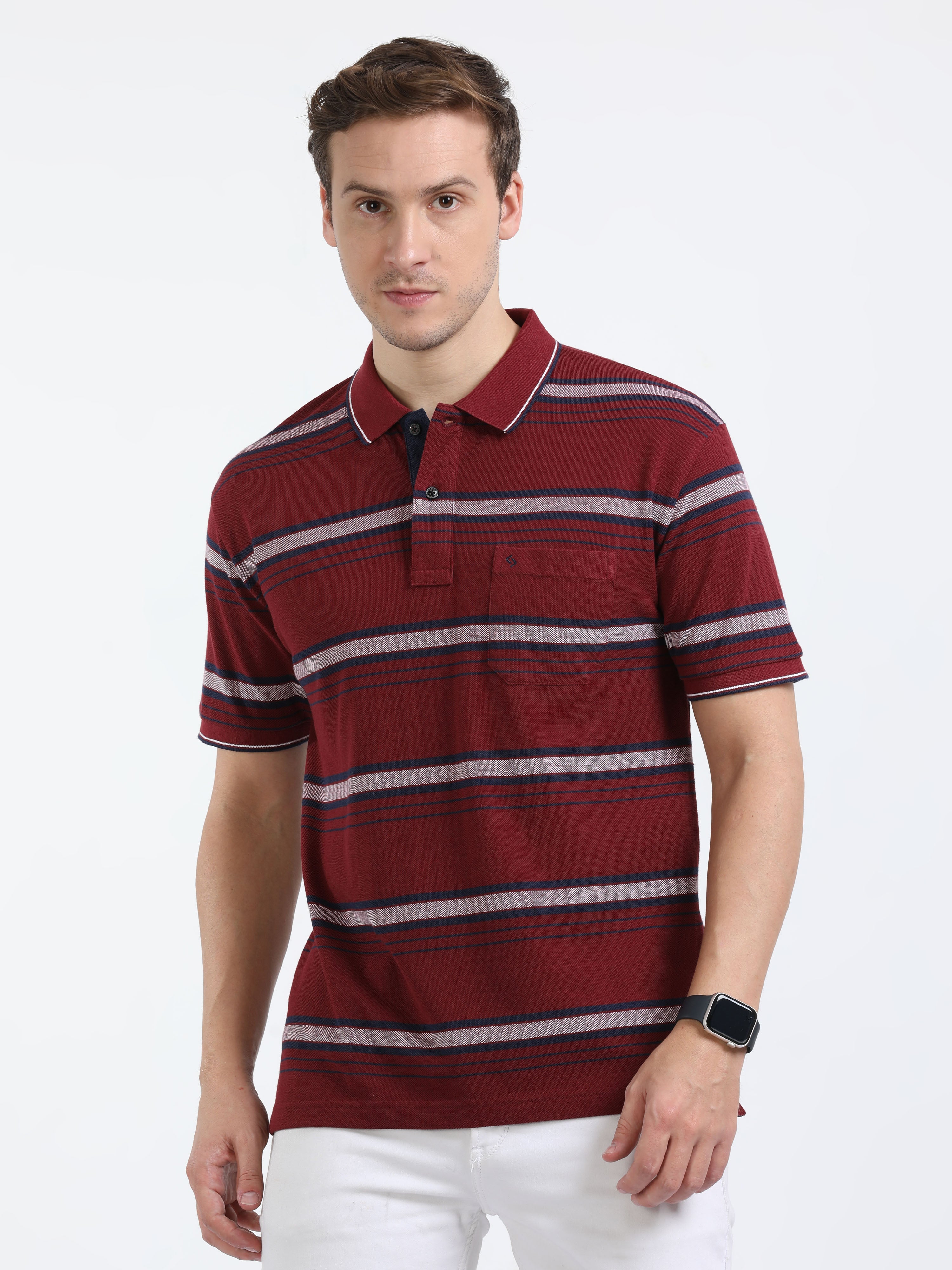 Classic Polo Mens Cotton Half Sleeves Striped Slim Fit Polo Neck Brown Color T-Shirt | Adore - 209 A Sf P