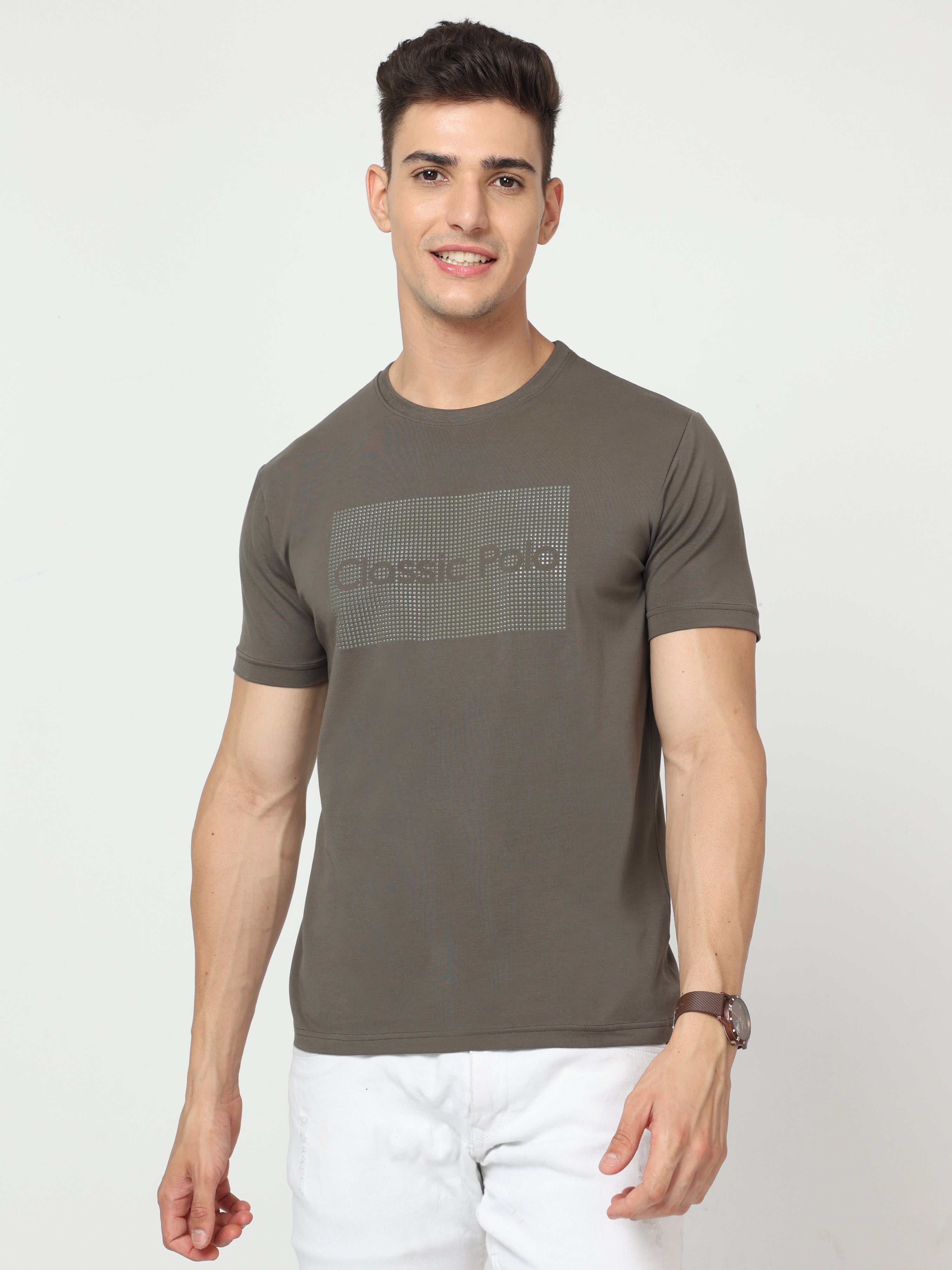 Classic Polo Mens Pure Cotton Half Sleeve Printed Slim Fit Crew Neck Grey Color T Shirt | Baleno - 520 A