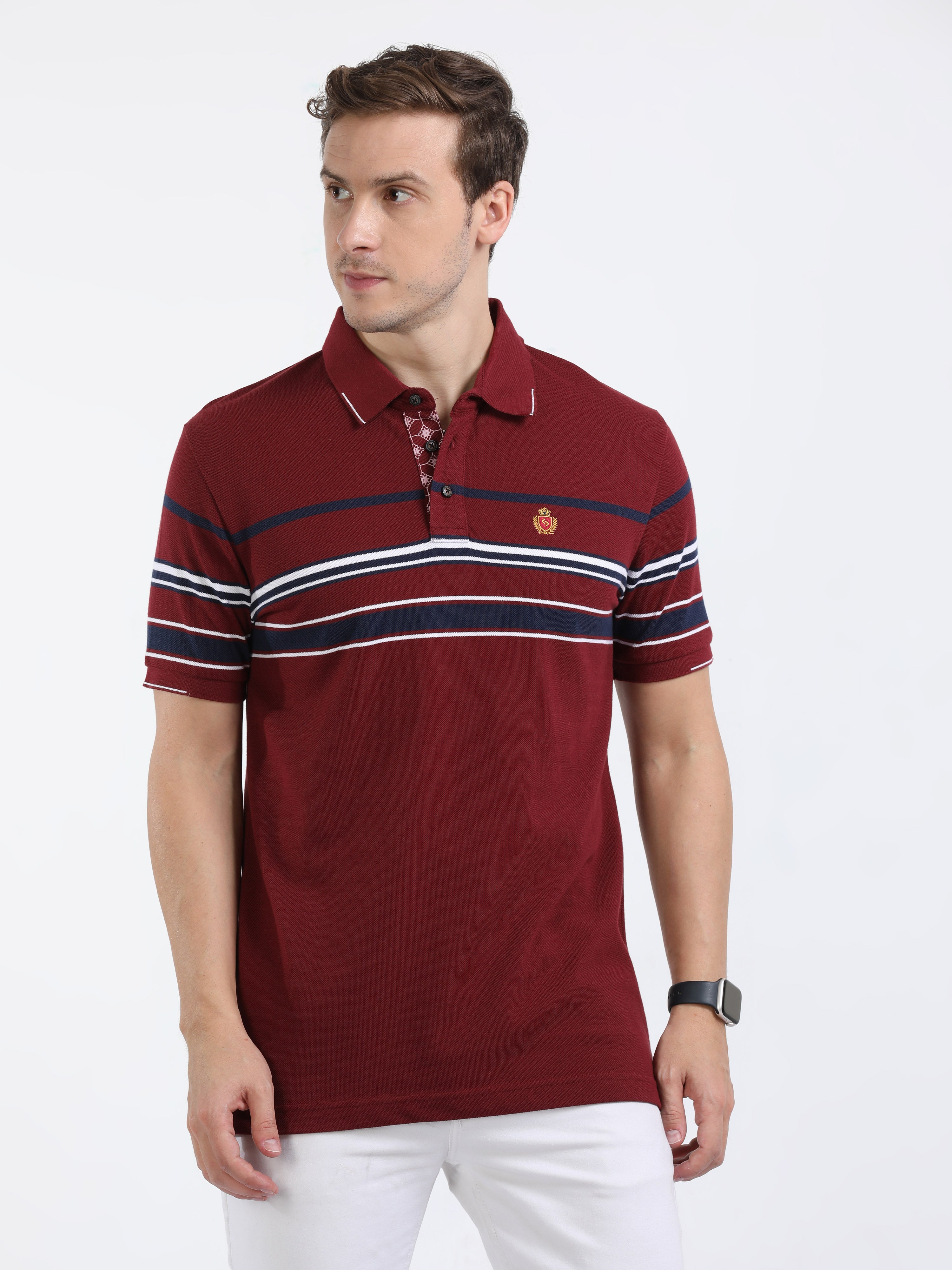 Classic Polo Mens Cotton Half Sleeves Striped Slim Fit Polo Neck Maroon Color T-Shirt | Vta - 245 A Sf P