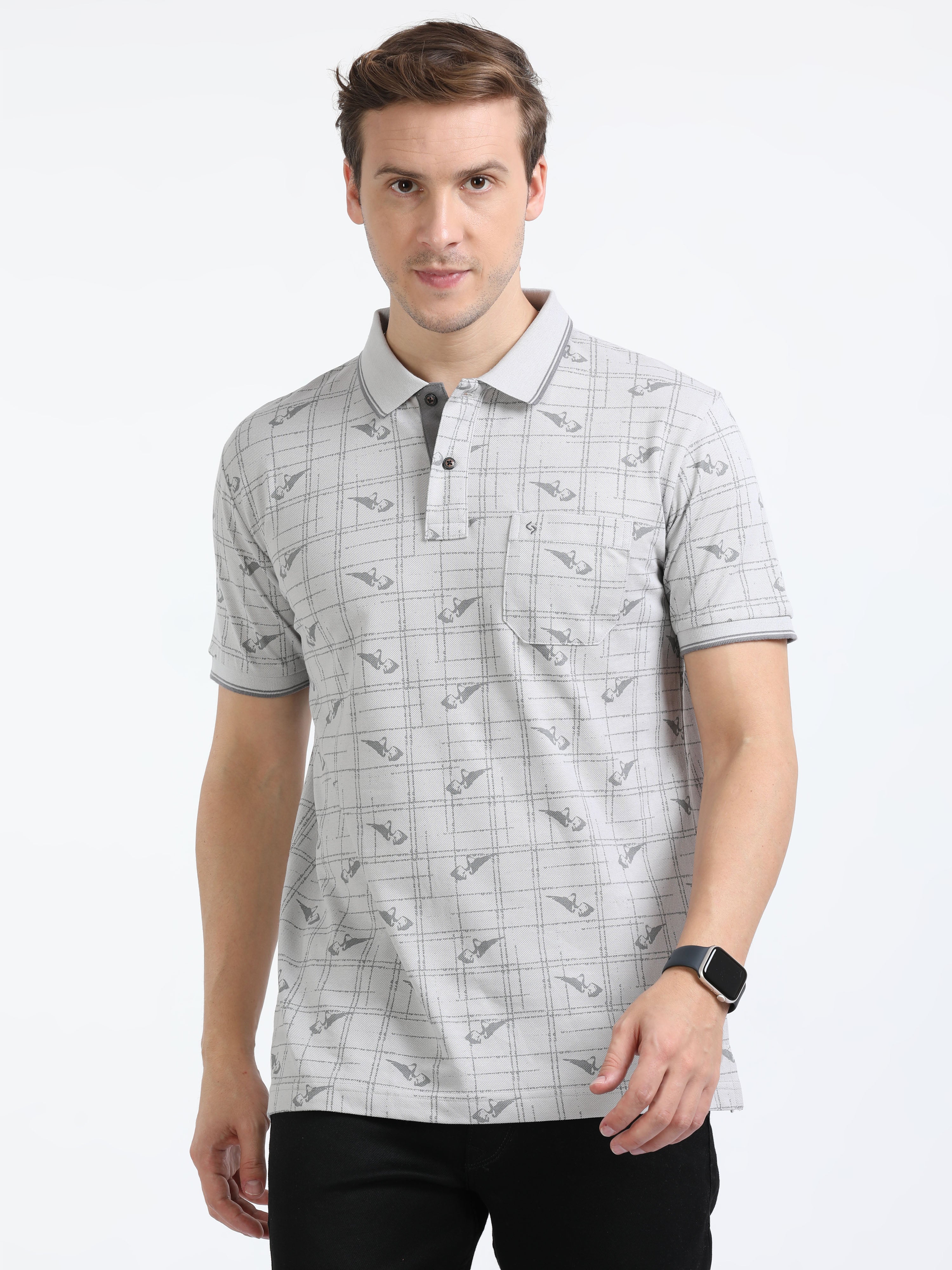 Classic Polo Mens Cotton Half Sleeves Floral Slim Fit Polo Neck Grey Color T-Shirt | Beau - 224 A Sf P