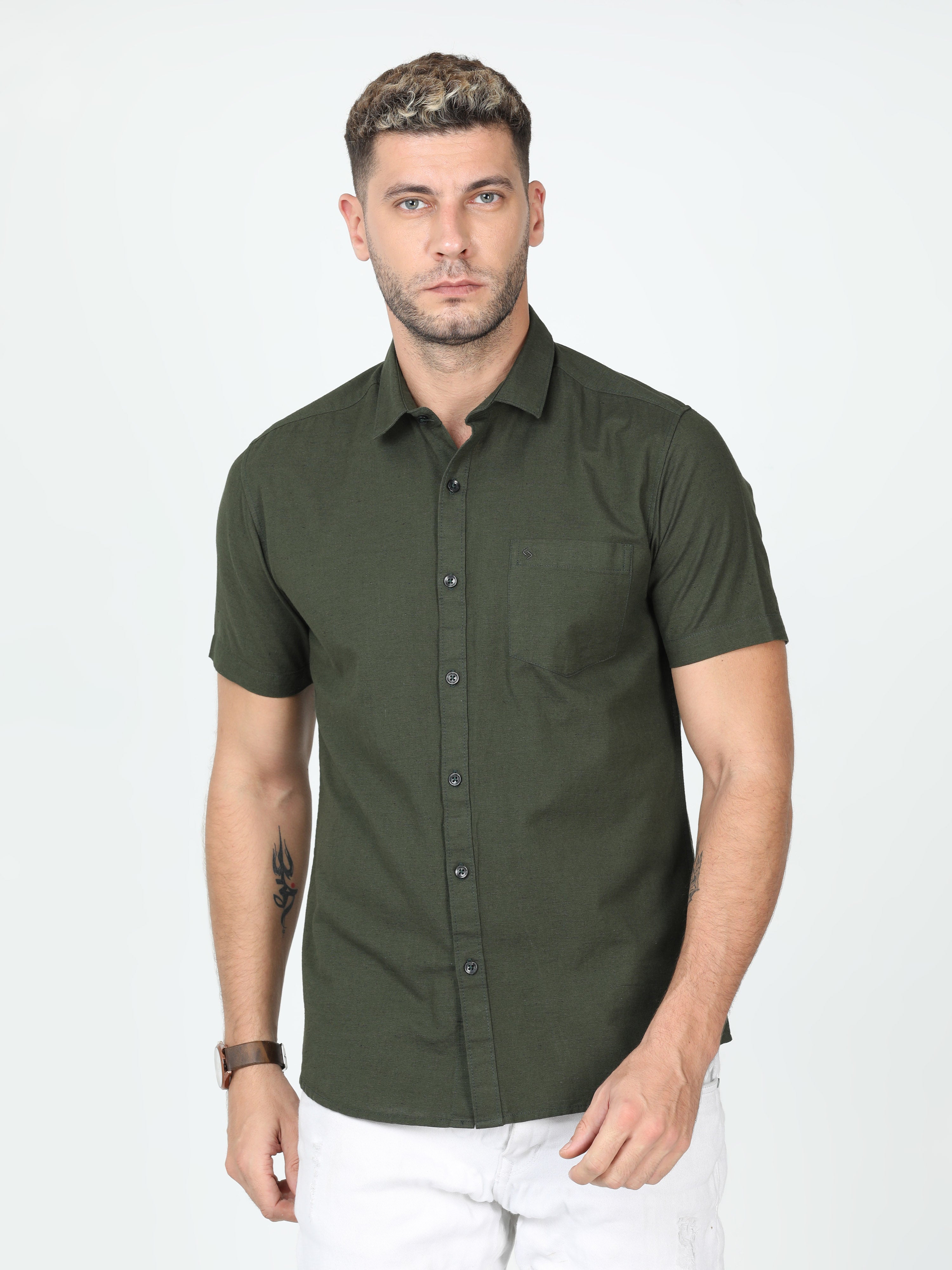 Classic Polo Mens Linen Cotton Half Sleeve Slim Fit Polo Neck Olive Color Woven Shirt | Linen - 26 D-HS-SLD-SF