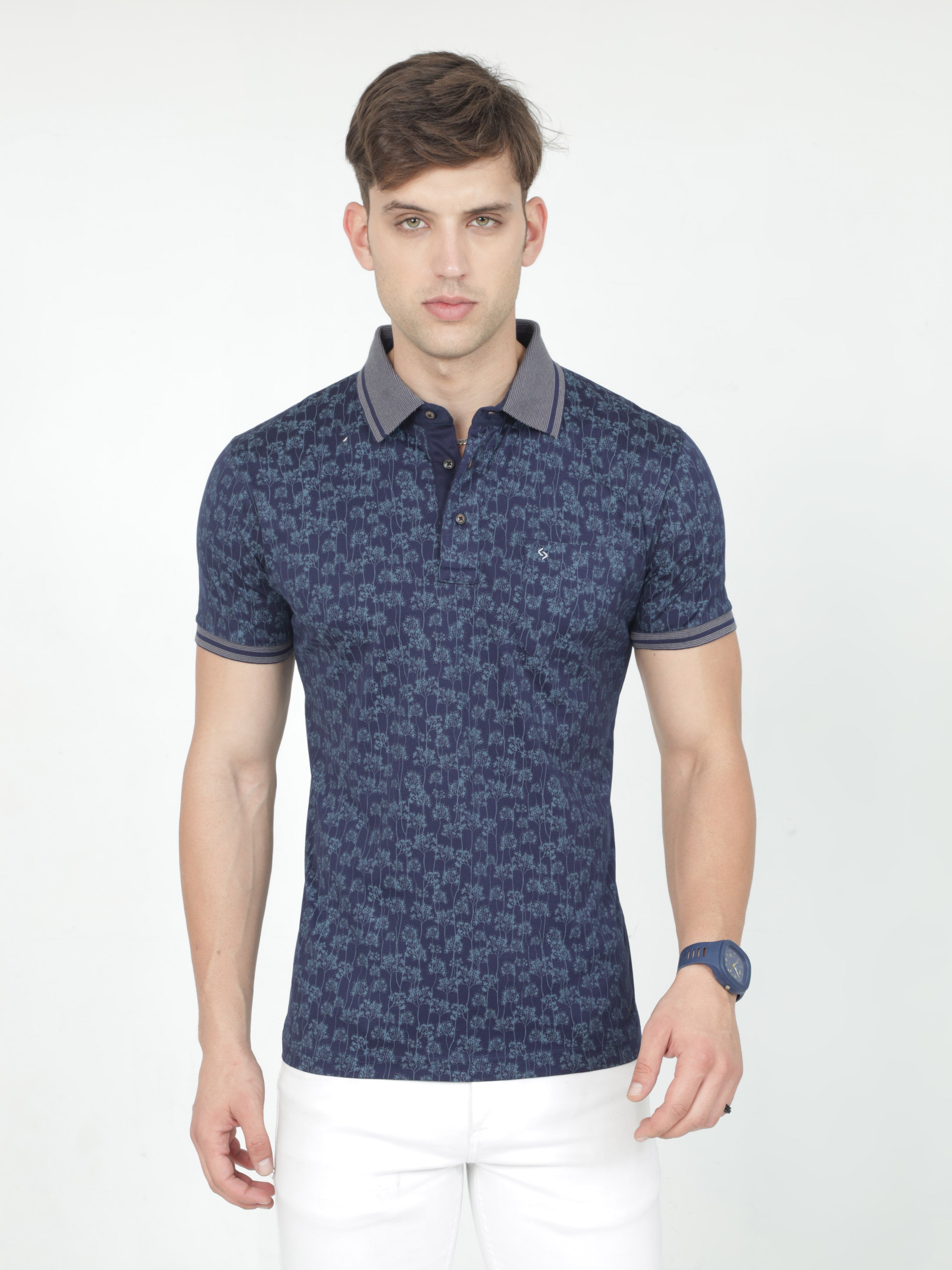 Classic Polo Mens Cotton Half Sleeves Floral Slim Fit Polo Neck Blue Color T-Shirt | Scant - 33 B Sf P