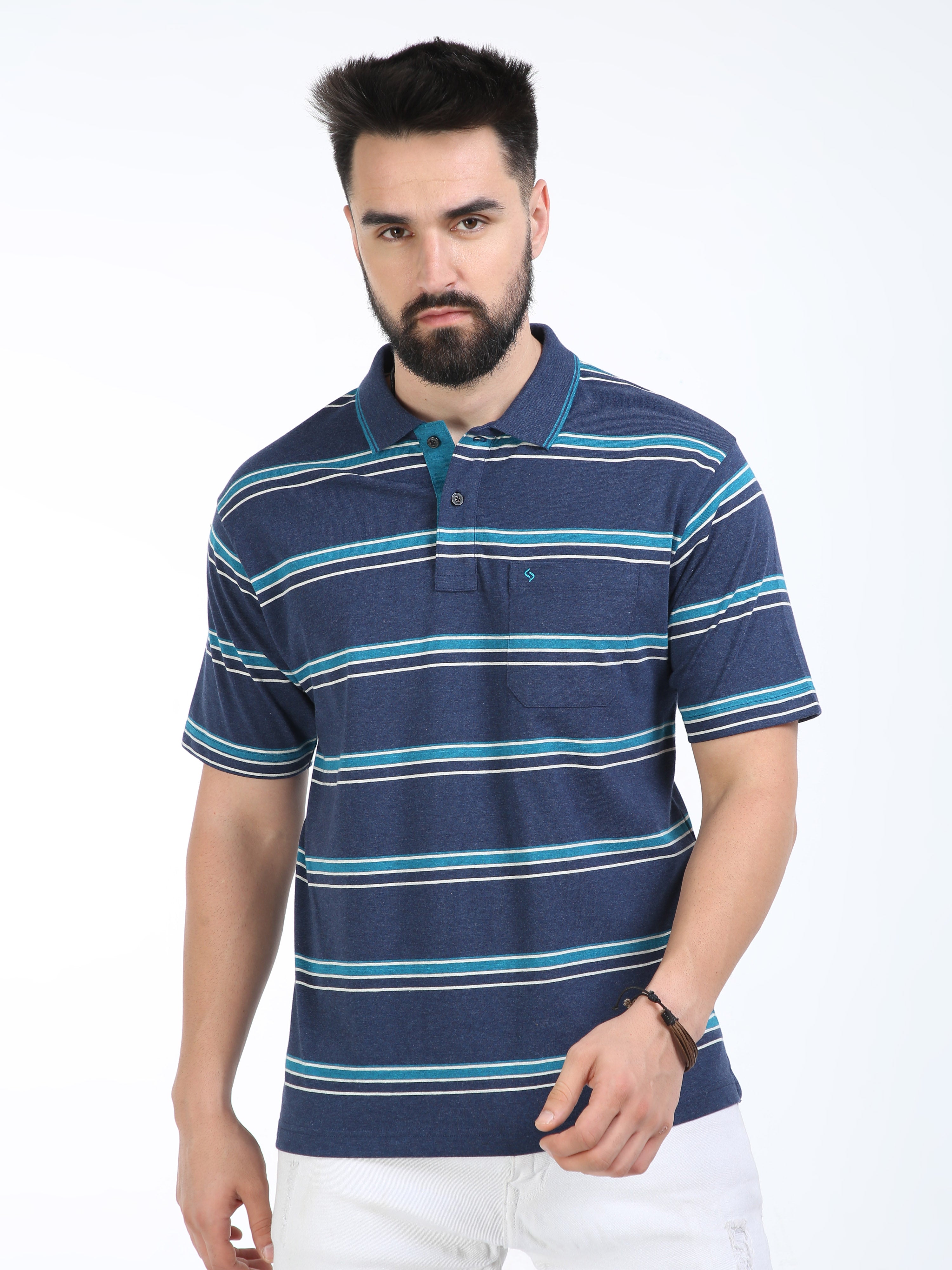 Classic Polo Mens Cotton Half Sleeves Striped Authentic Fit Polo Neck Blue Color T-Shirt | Mel - 241 A Af P