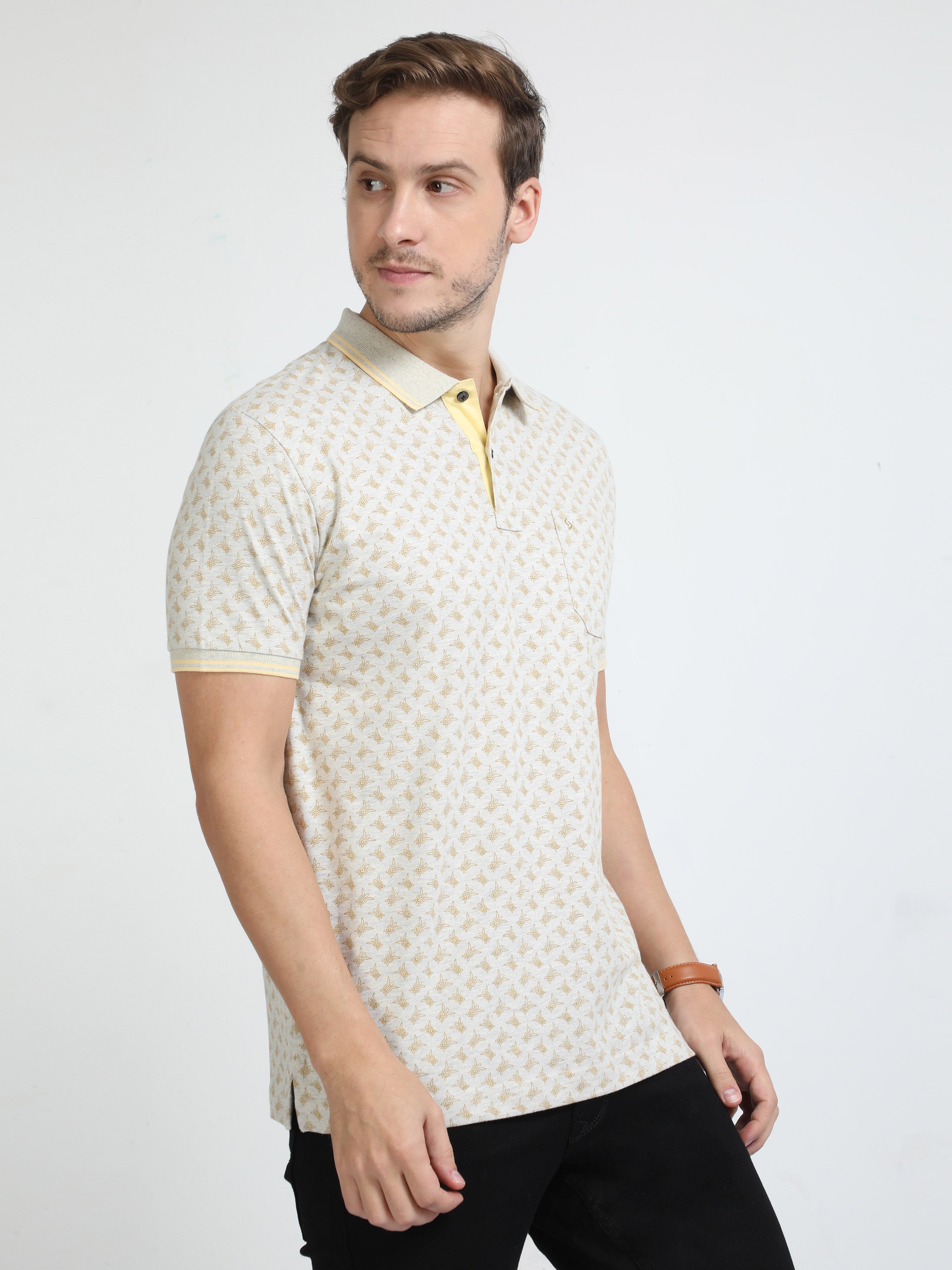Classic Polo Mens Cotton Half Sleeves Floral Slim Fit Polo Neck Cream Color T-Shirt | Bello - 226 B Sf P