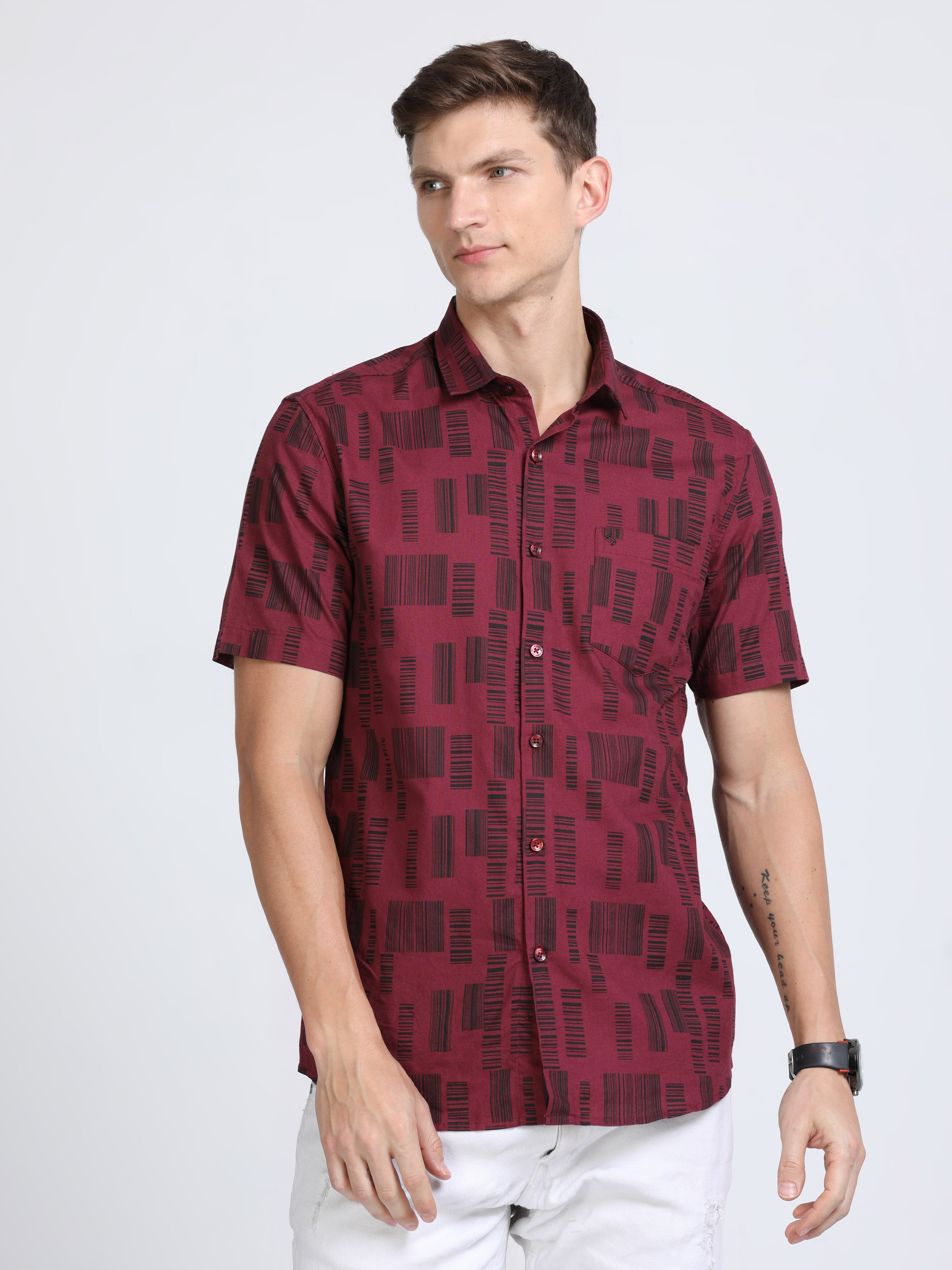 Classic Polo Mens Pure Cotton Half Sleeves Printed Slim Fit Polo Neck Maroon Color Woven Shirt | So2-162 A-Hs-Prt-Sf