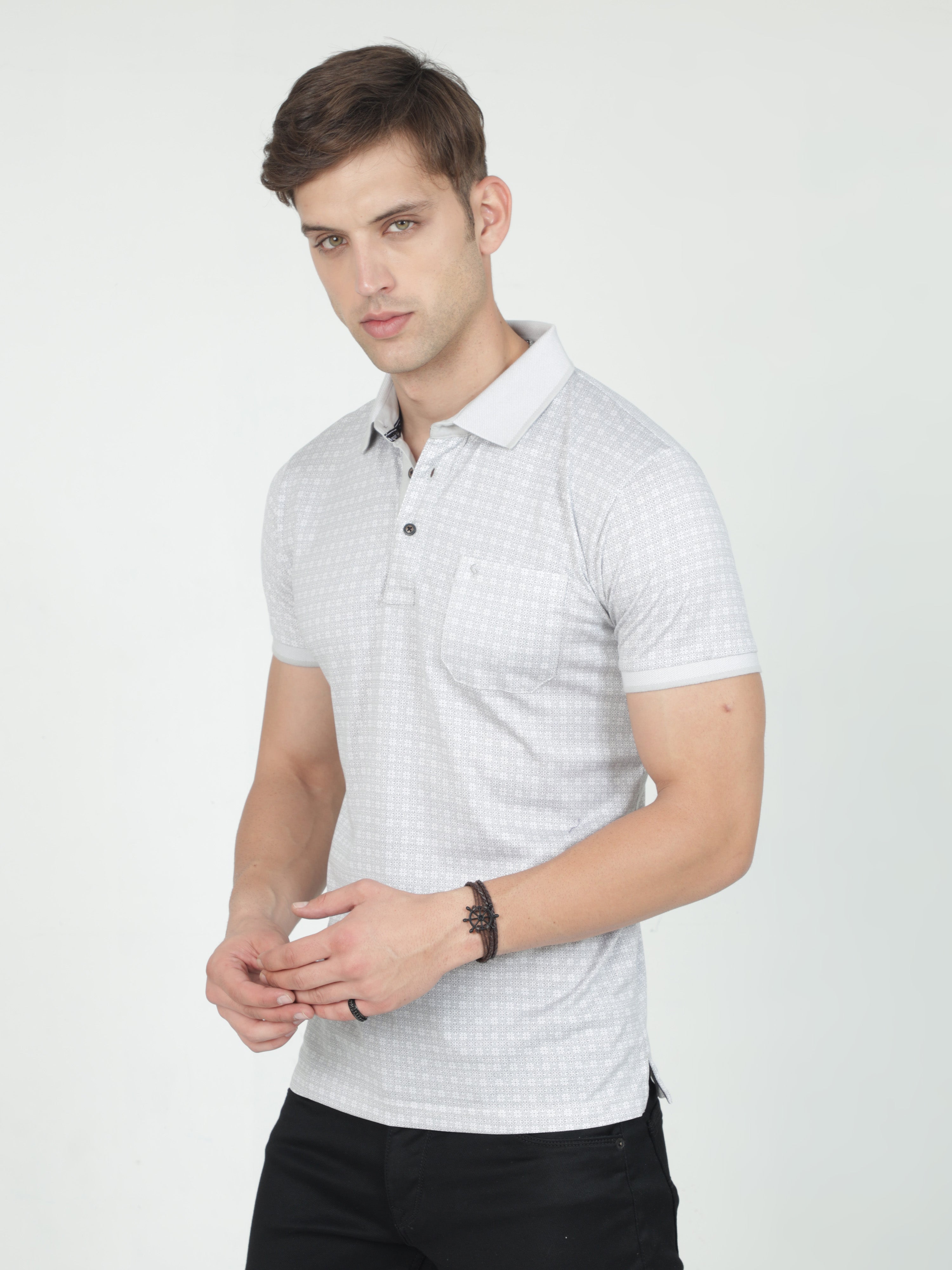Classic Polo Mens Cotton Half Sleeves Floral Slim Fit Polo Neck Grey Color T-Shirt | Scant - 26 A Sf P