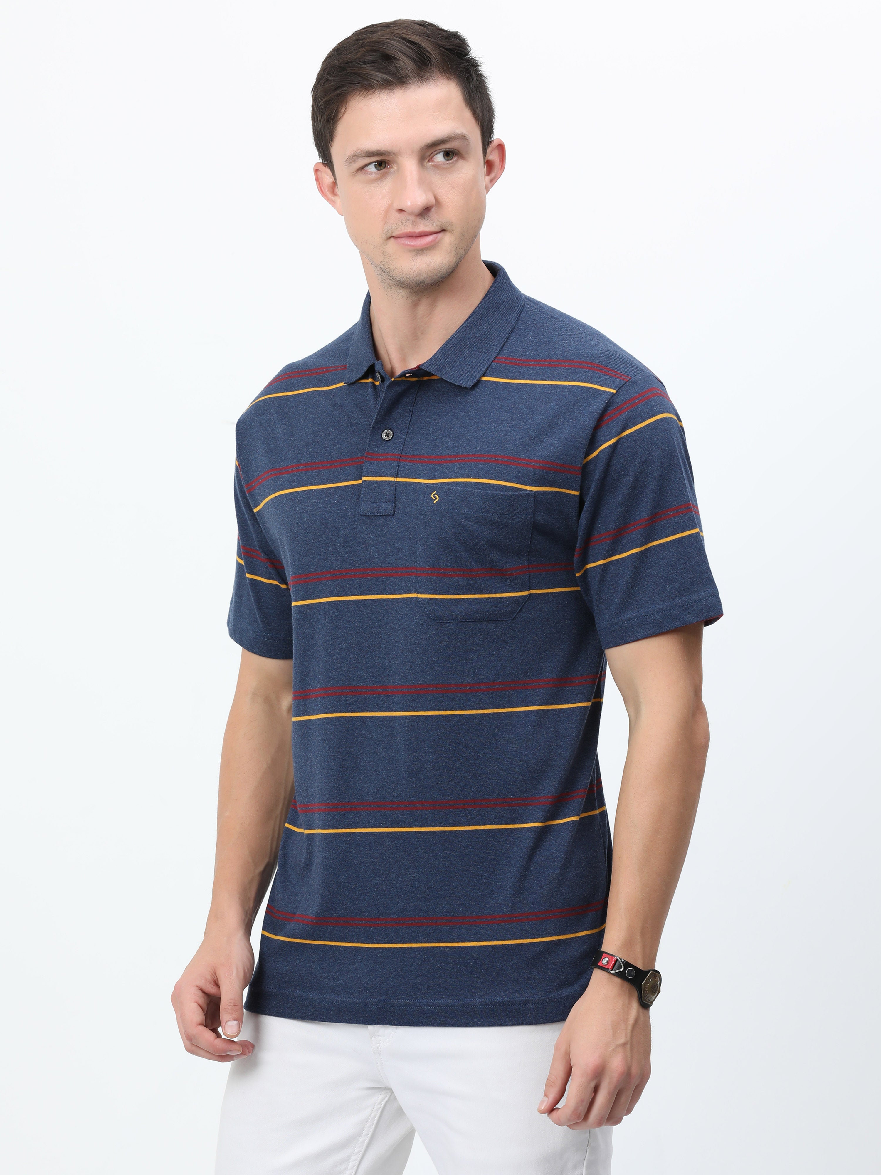 Classic Polo Mens Cotton Half Sleeves Striped Authentic Fit Polo Neck Blue Color T-Shirt | Avon - 543 B Af P