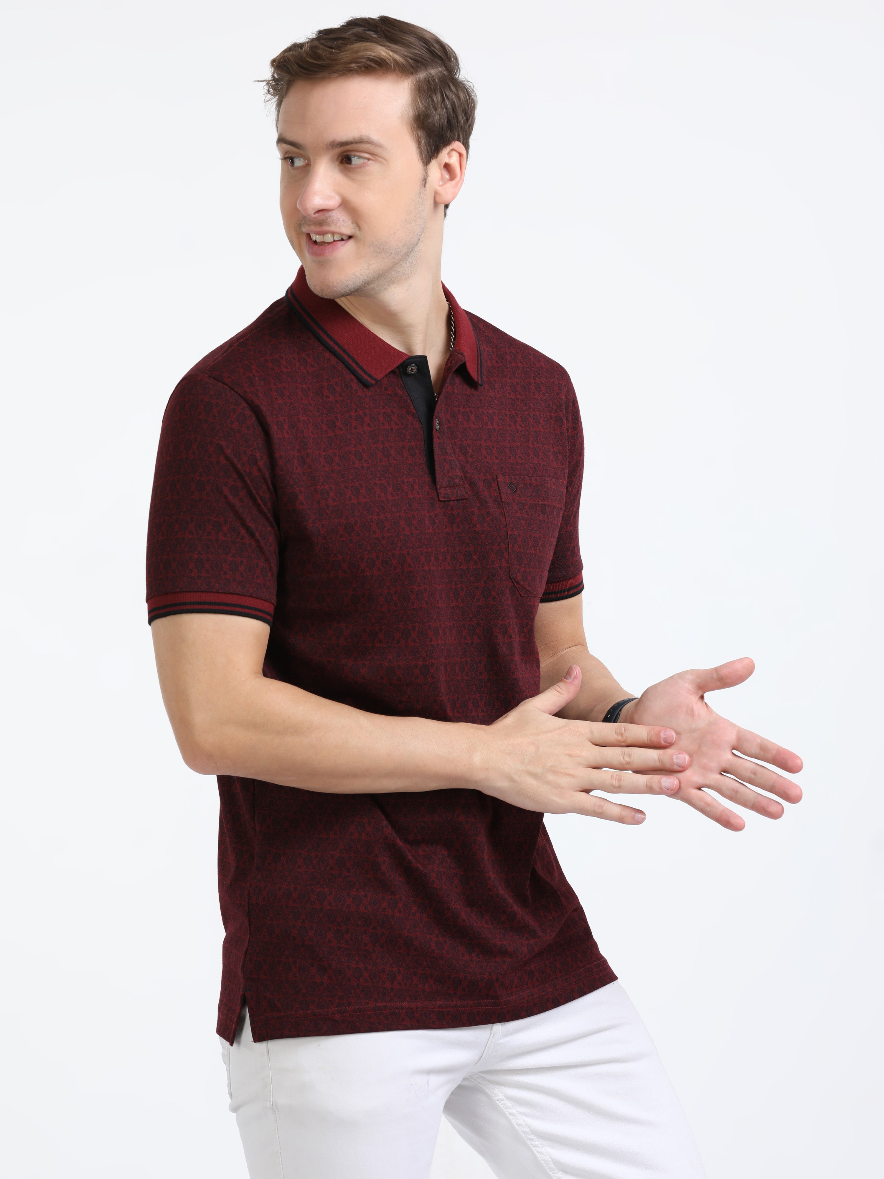 Classic Polo Mens Cotton Half Sleeves Floral Slim Fit Polo Neck Maroon Color T-Shirt | Bello - 229 B Sf P
